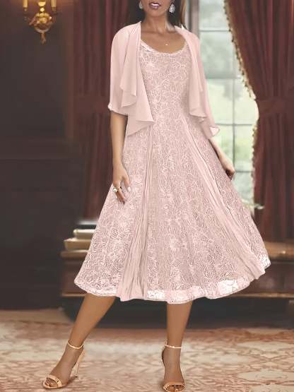 Princess A-Line Tea-Length Mother of the Bride Dress with Scoop Neck Half Sleeves Appliques and Jacket-BMbridal.UK