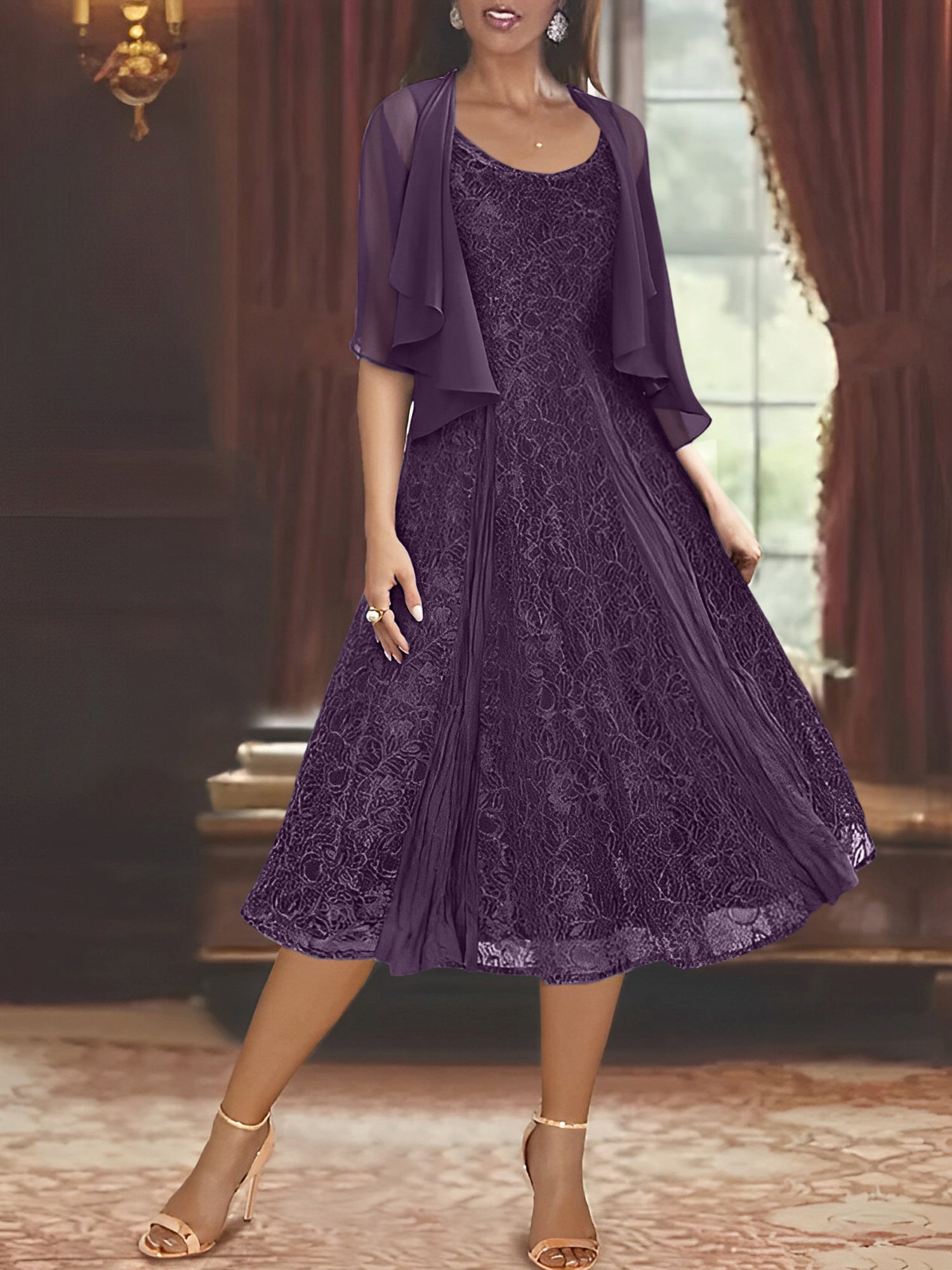 Princess A-Line Tea-Length Mother of the Bride Dress with Scoop Neck Half Sleeves Appliques and Jacket-BMbridal.UK