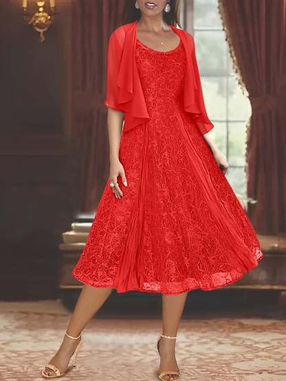 Princess A-Line Tea-Length Mother of the Bride Dress with Scoop Neck Half Sleeves Appliques and Jacket-BMbridal.UK