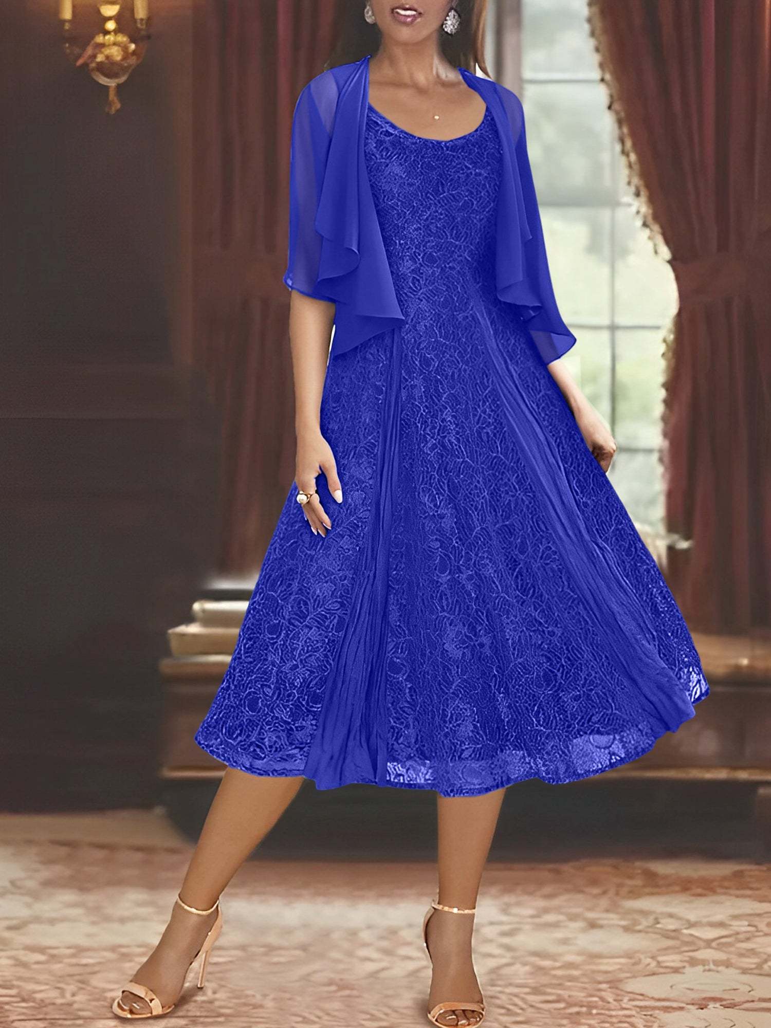 Princess A-Line Tea-Length Mother of the Bride Dress with Scoop Neck Half Sleeves Appliques and Jacket-BMbridal.UK