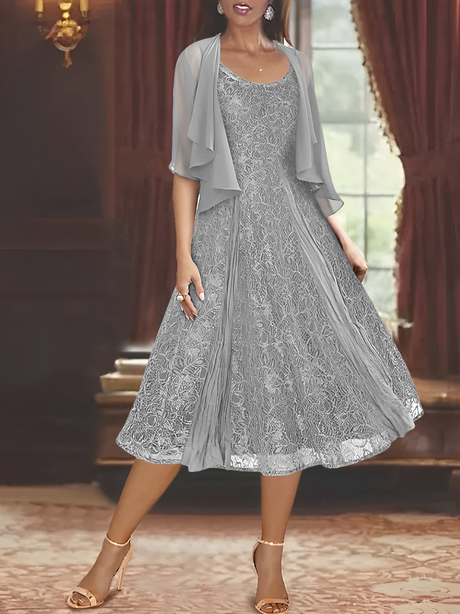 Princess A-Line Tea-Length Mother of the Bride Dress with Scoop Neck Half Sleeves Appliques and Jacket-BMbridal.UK