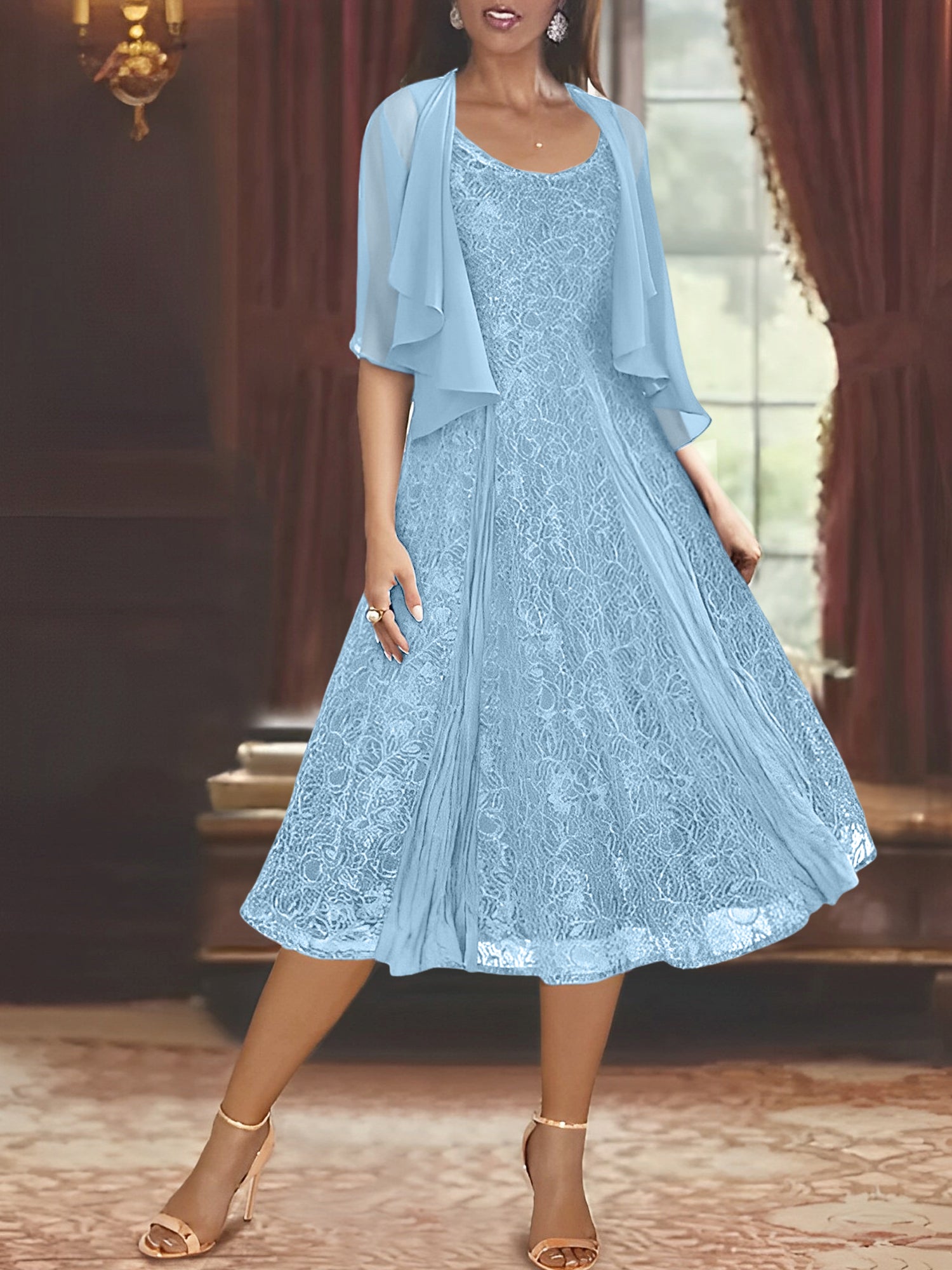 Princess A-Line Tea-Length Mother of the Bride Dress with Scoop Neck Half Sleeves Appliques and Jacket-BMbridal.UK