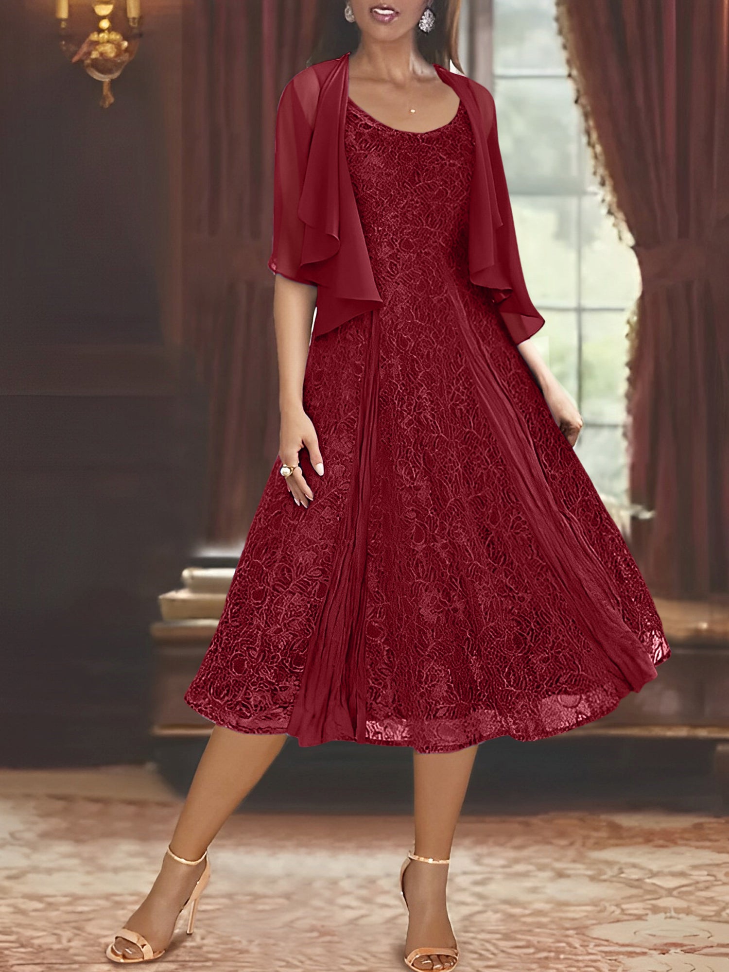 Princess A-Line Tea-Length Mother of the Bride Dress with Scoop Neck Half Sleeves Appliques and Jacket-BMbridal.UK