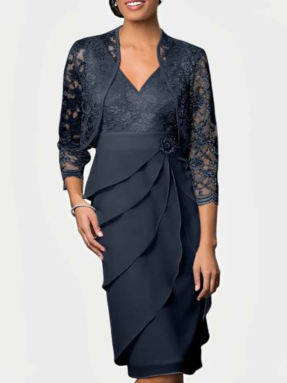 Knee-Length V-Neck Sheath Mother of the Bride Column Dresses