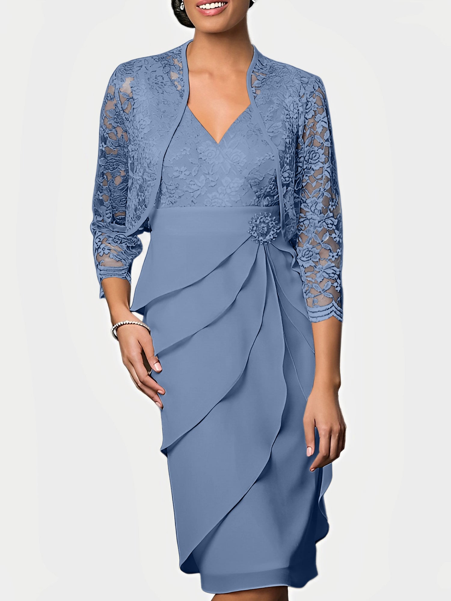 Knee-Length V-Neck Sheath Mother of the Bride Column Dresses