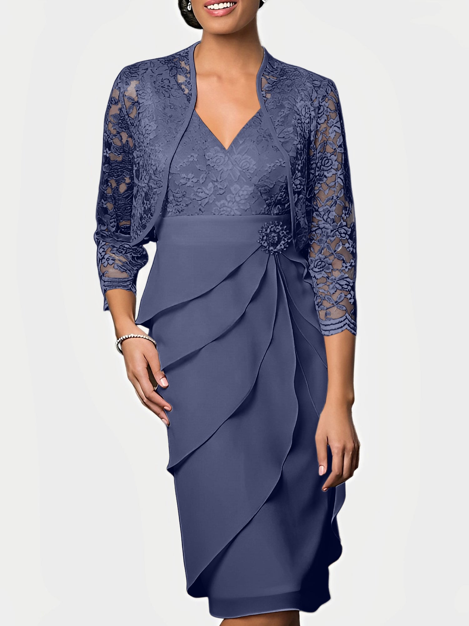 Knee-Length V-Neck Sheath Mother of the Bride Column Dresses