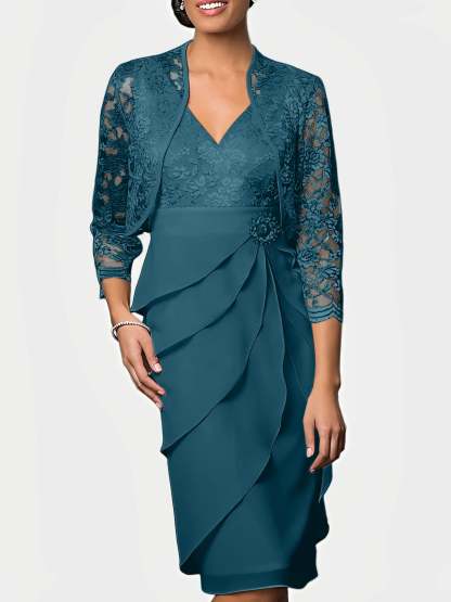 Knee-Length V-Neck Sheath Mother of the Bride Column Dresses