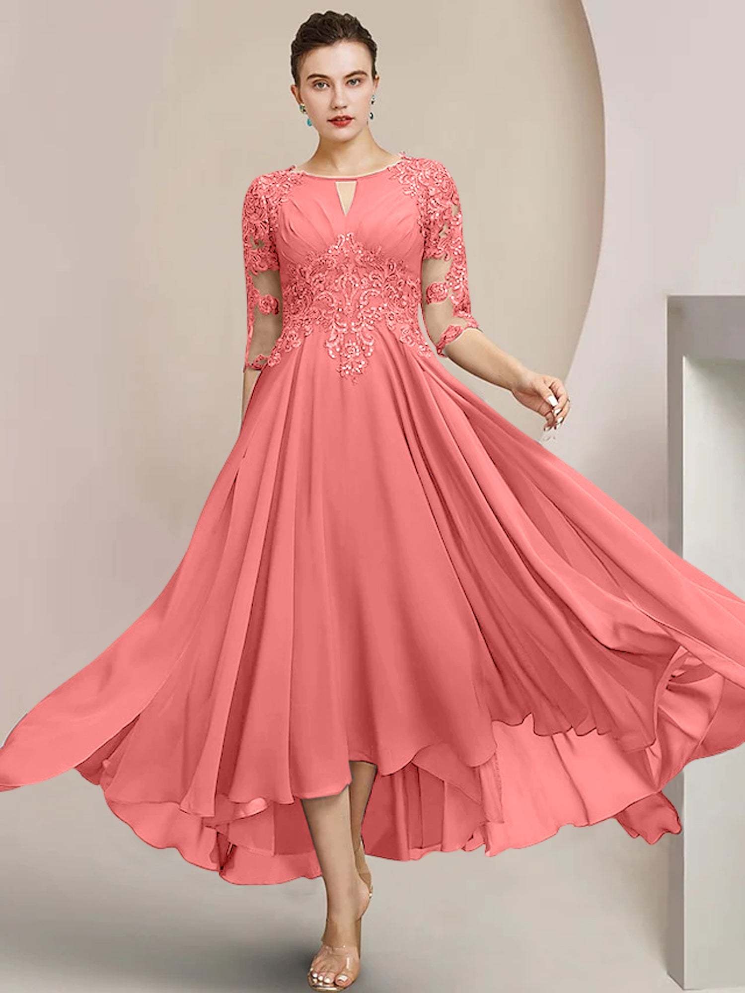 Scoop Neck Tea-Length A-Line Princess Gowns for the Mother of the Bride