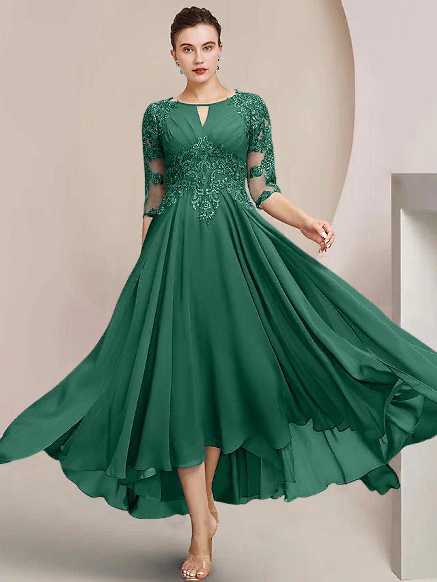 Scoop Neck Tea-Length A-Line Princess Gowns for the Mother of the Bride