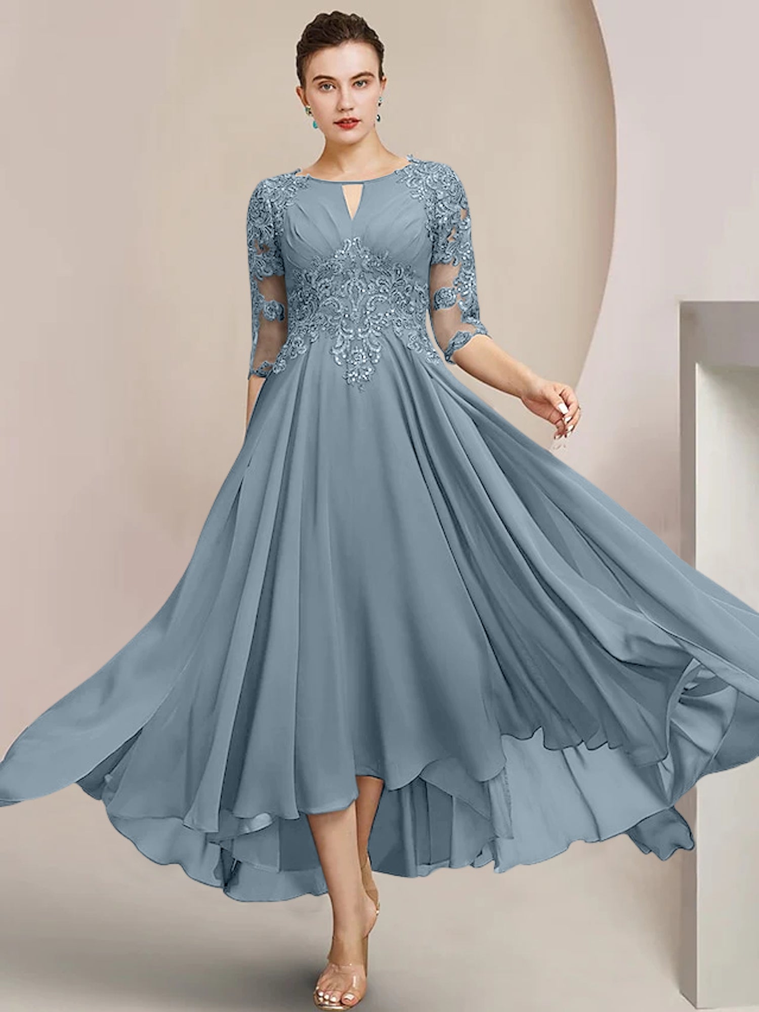 Scoop Neck Tea-Length A-Line Princess Gowns for the Mother of the Bride