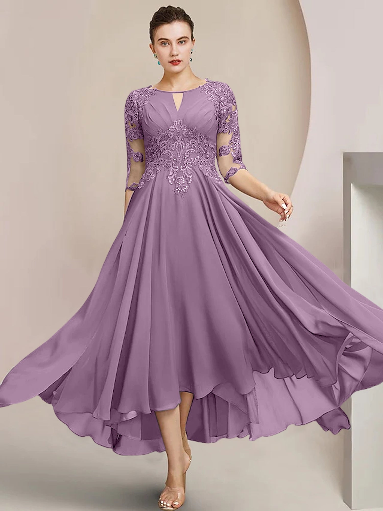 Scoop Neck Tea-Length A-Line Princess Gowns for the Mother of the Bride