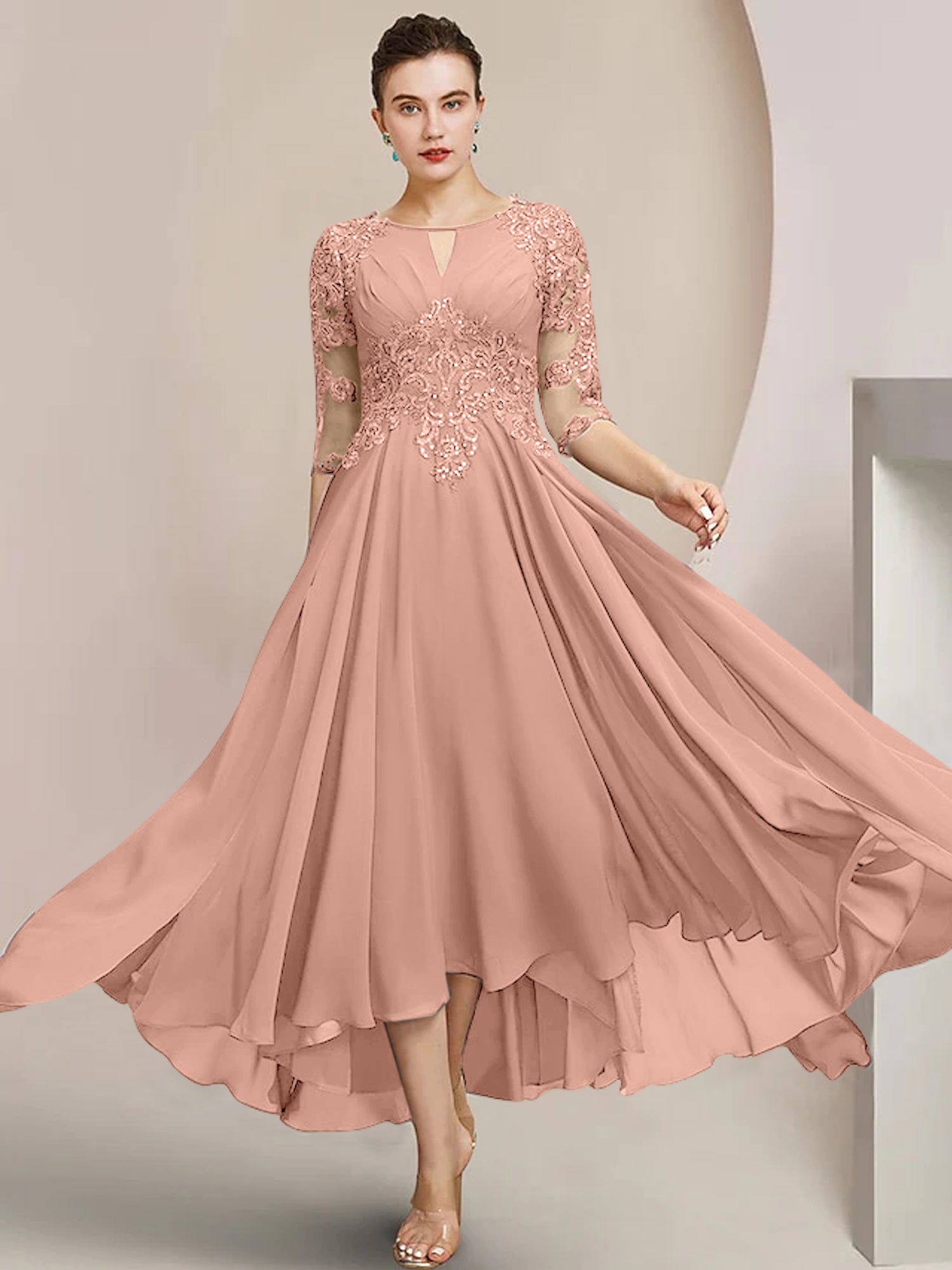 Scoop Neck Tea-Length A-Line Princess Gowns for the Mother of the Bride