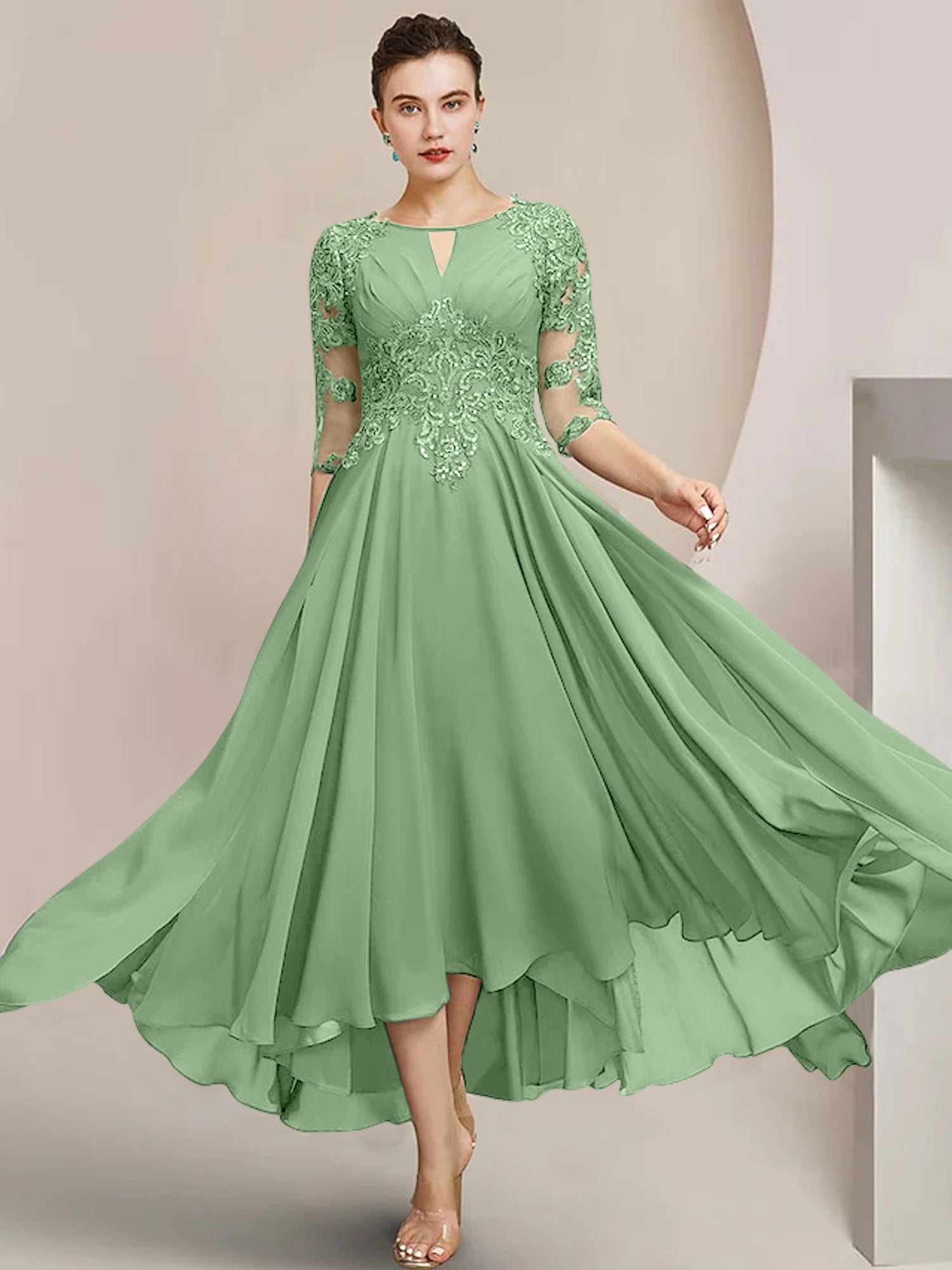 Scoop Neck Tea-Length A-Line Princess Gowns for the Mother of the Bride