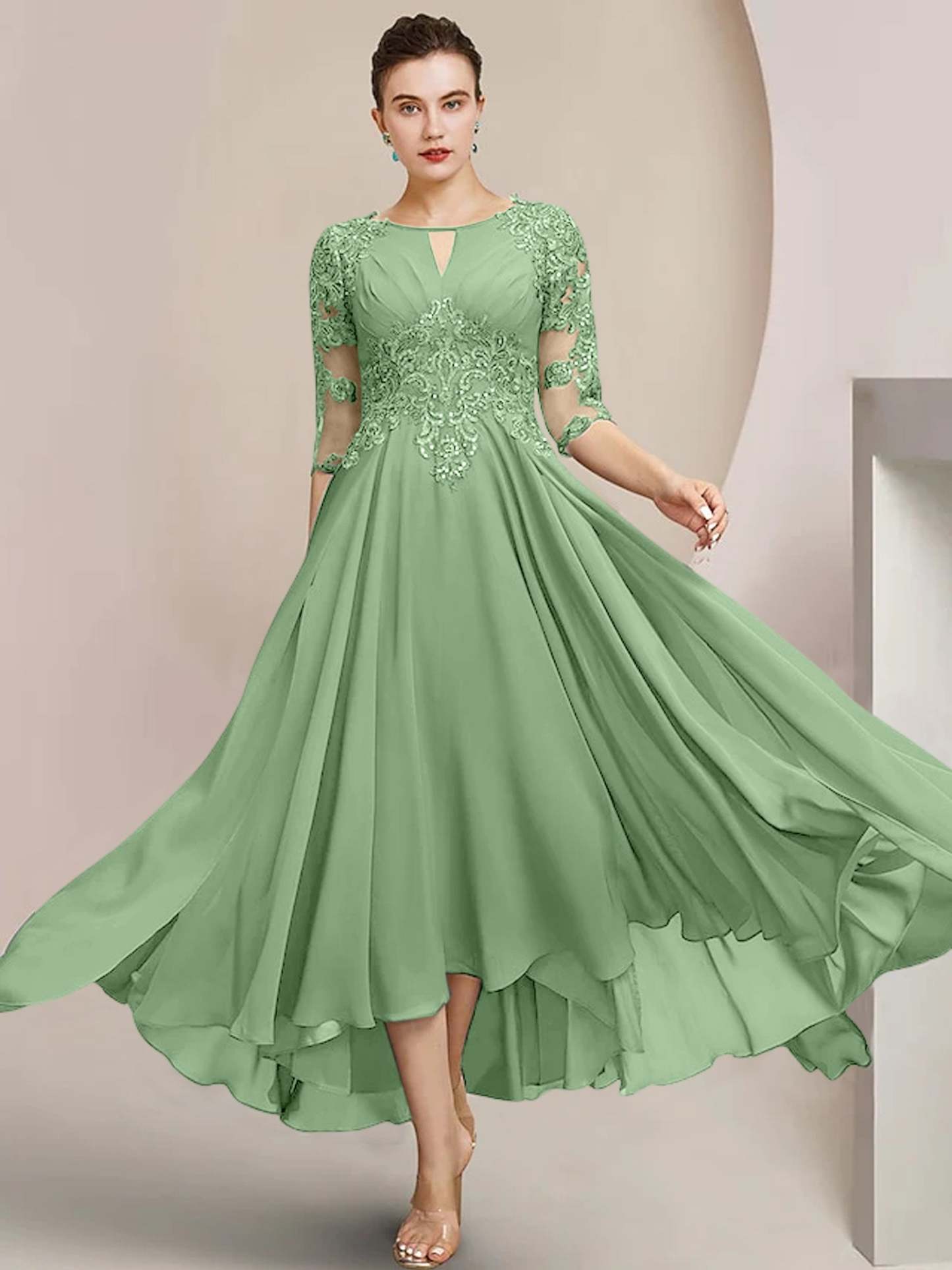 Scoop Neck Tea-Length A-Line Princess Gowns for the Mother of the Bride