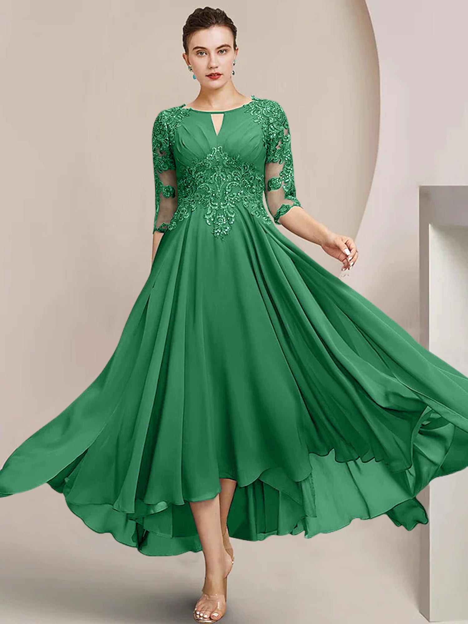 Scoop Neck Tea-Length A-Line Princess Gowns for the Mother of the Bride