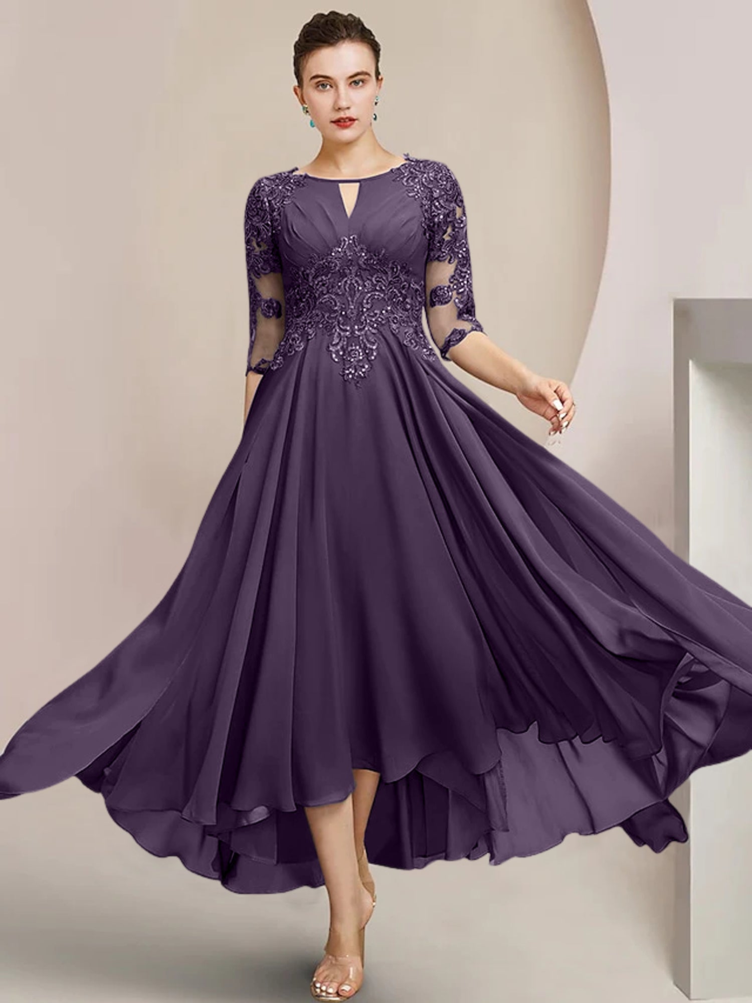 Scoop Neck Tea-Length A-Line Princess Gowns for the Mother of the Bride