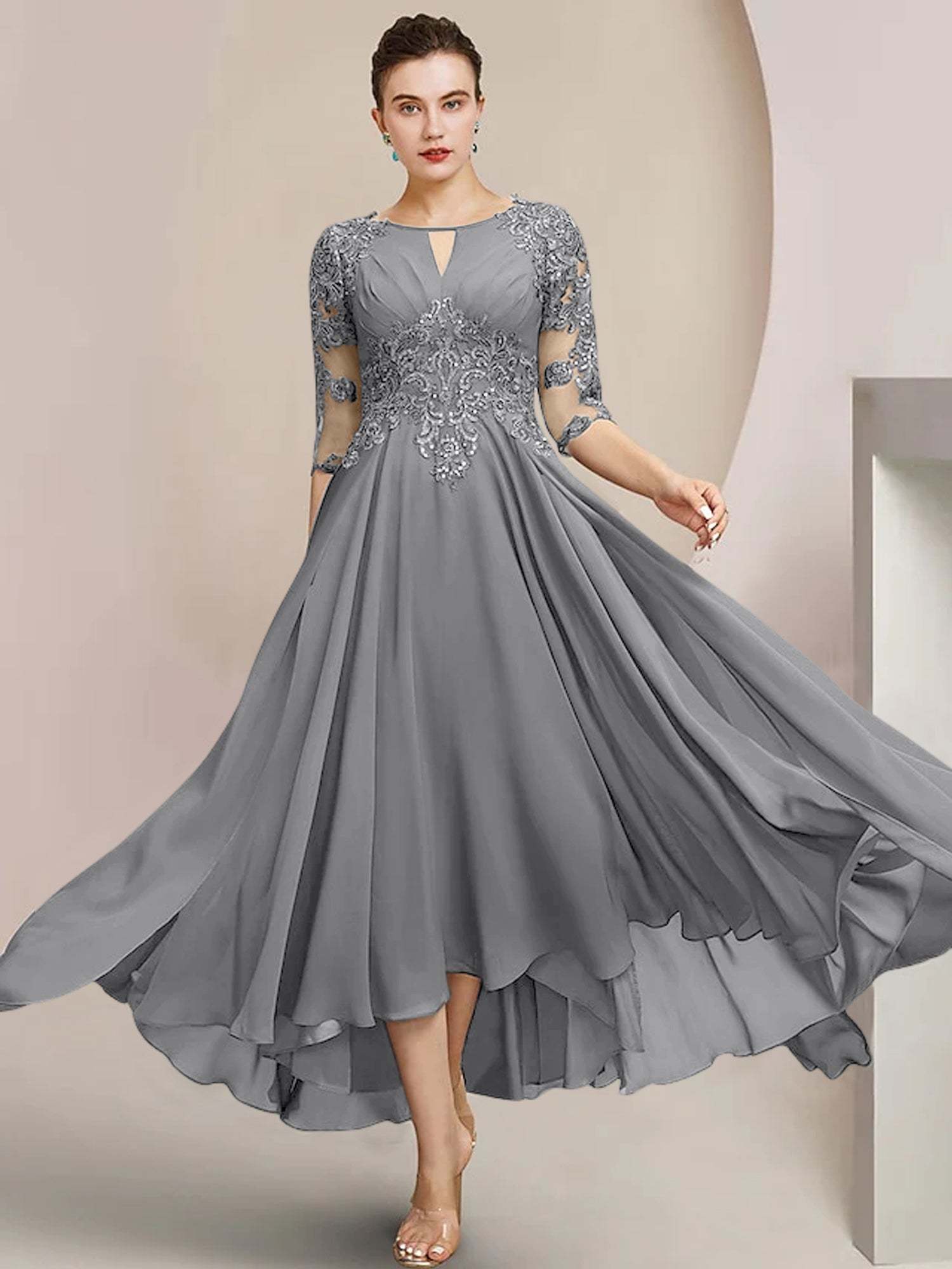 Scoop Neck Tea-Length A-Line Princess Gowns for the Mother of the Bride