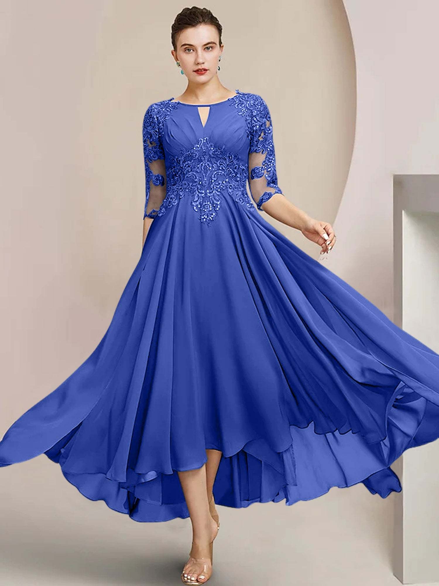 Scoop Neck Tea-Length A-Line Princess Gowns for the Mother of the Bride