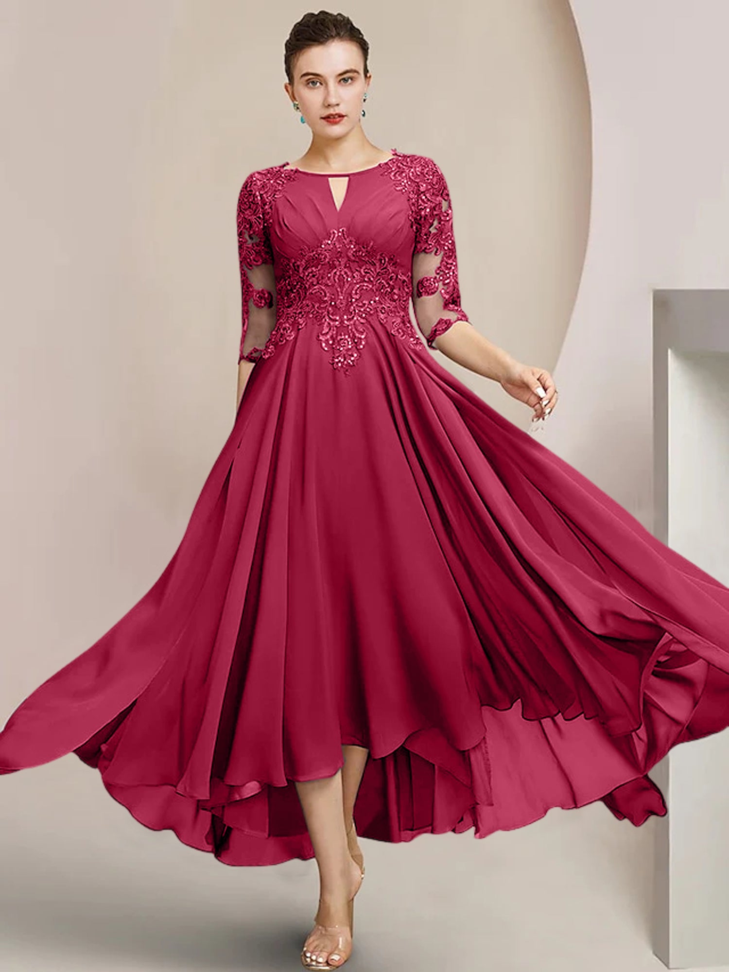 Scoop Neck Tea-Length A-Line Princess Gowns for the Mother of the Bride