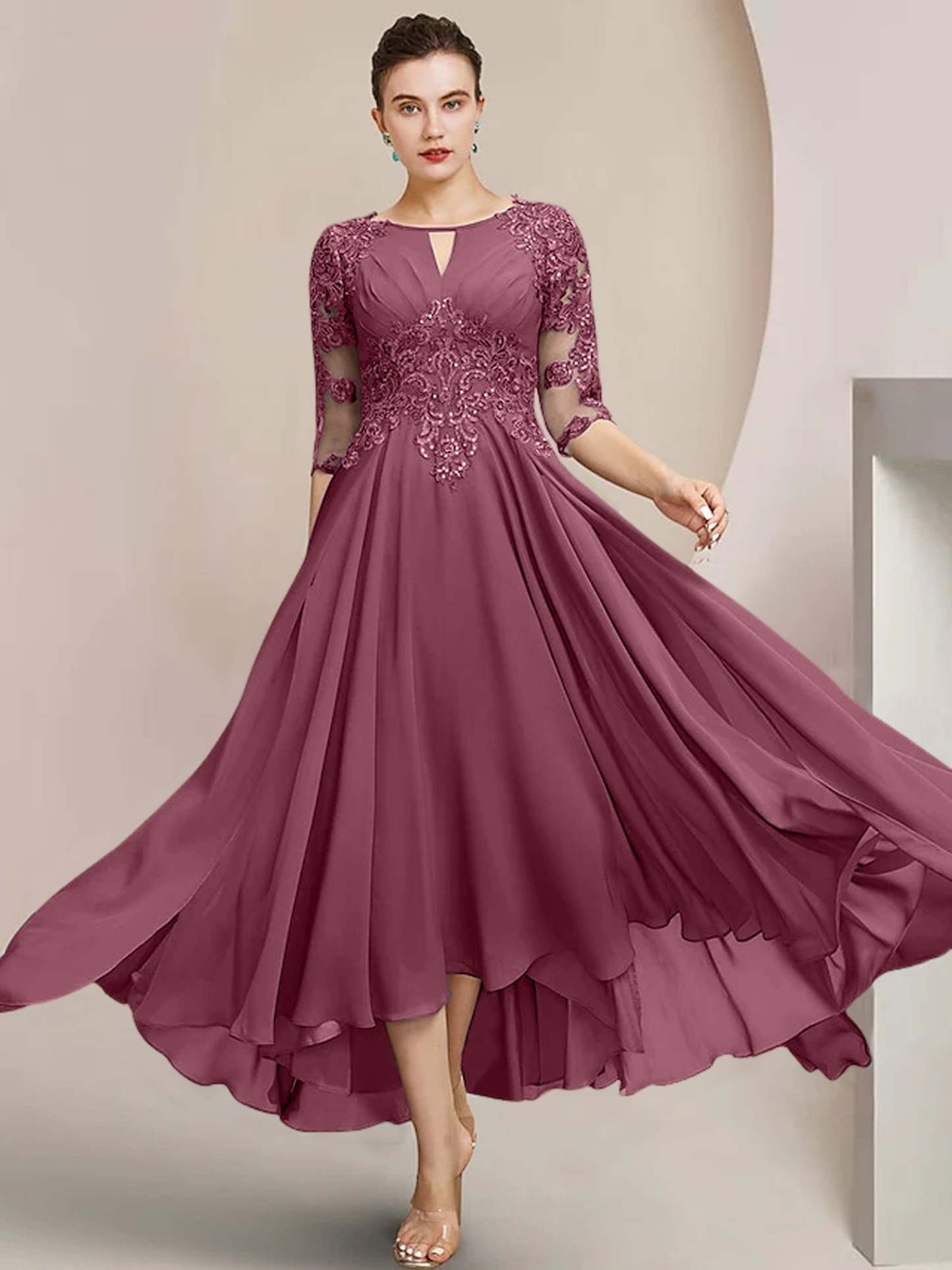 Scoop Neck Tea-Length A-Line Princess Gowns for the Mother of the Bride