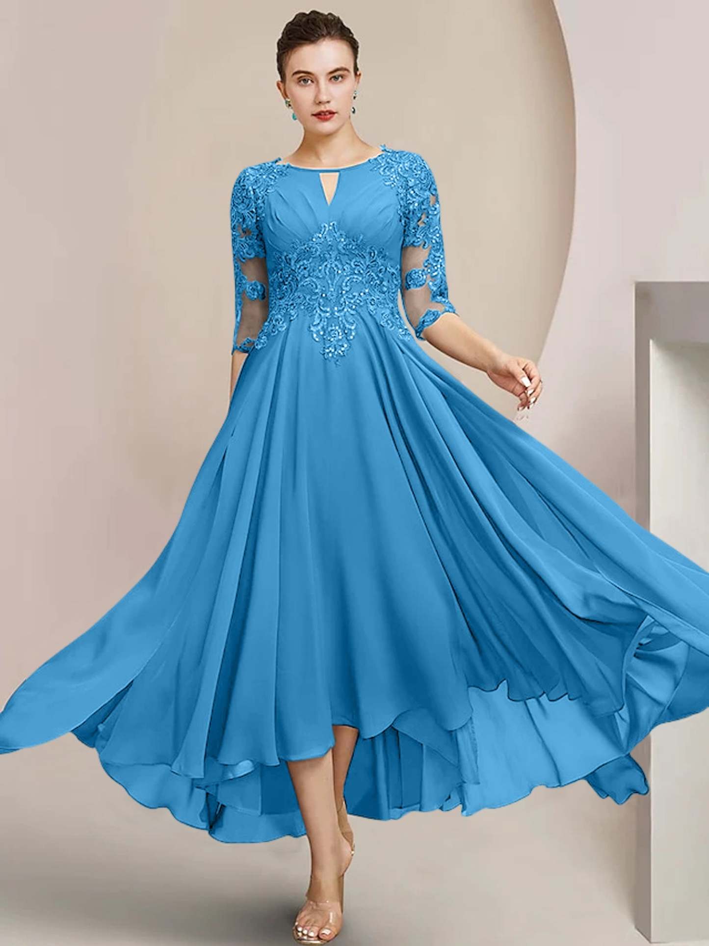Scoop Neck Tea-Length A-Line Princess Gowns for the Mother of the Bride