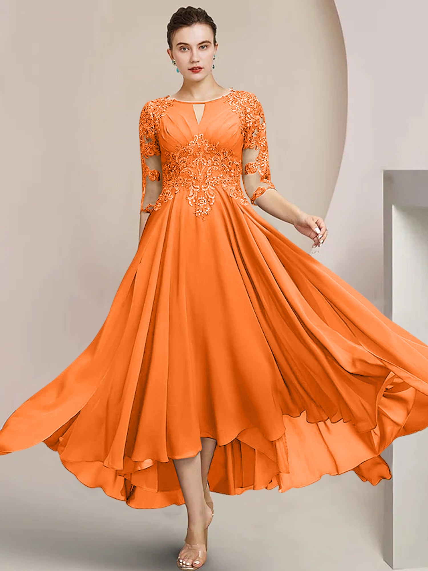 Scoop Neck Tea-Length A-Line Princess Gowns for the Mother of the Bride