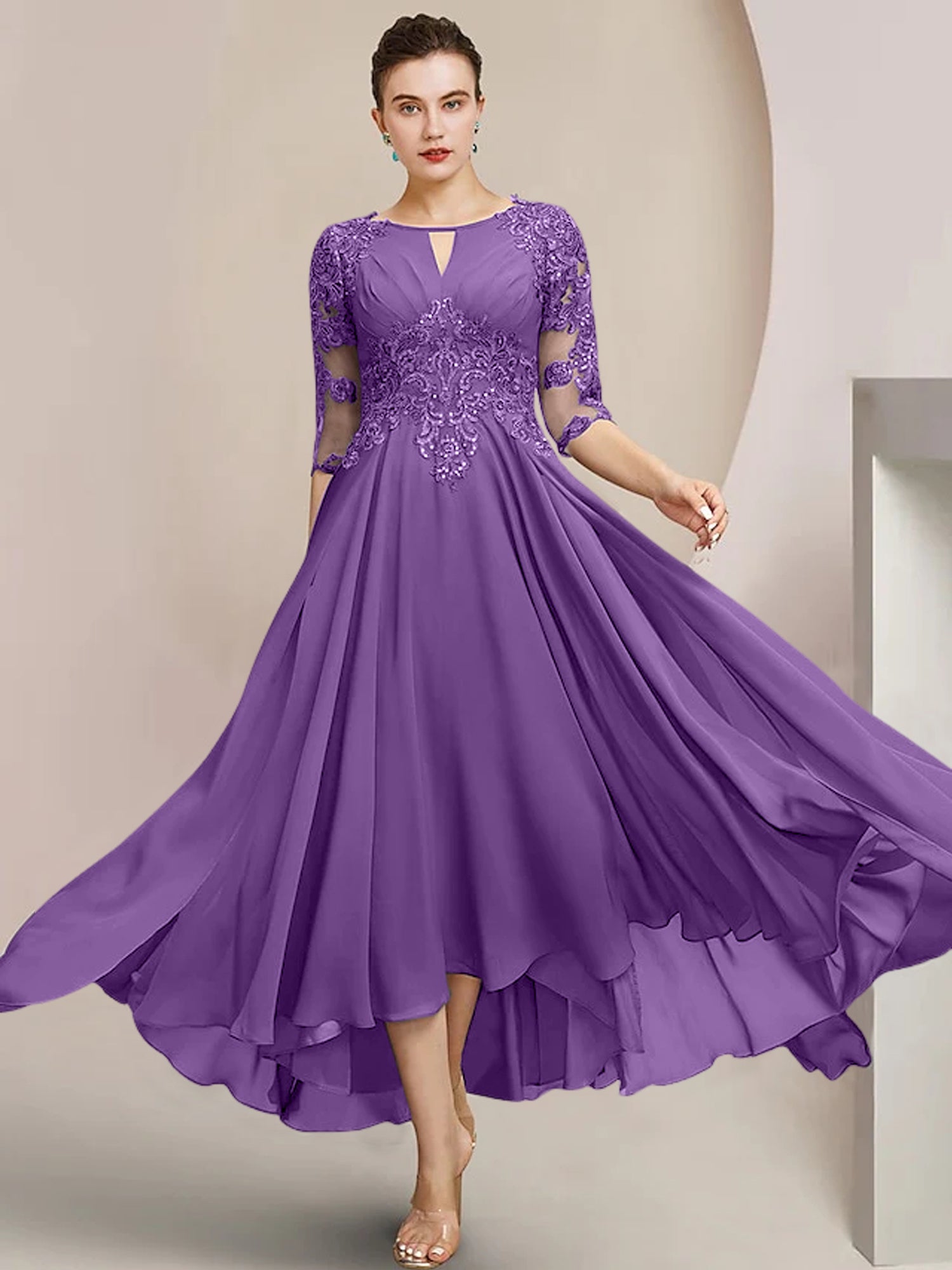 Scoop Neck Tea-Length A-Line Princess Gowns for the Mother of the Bride
