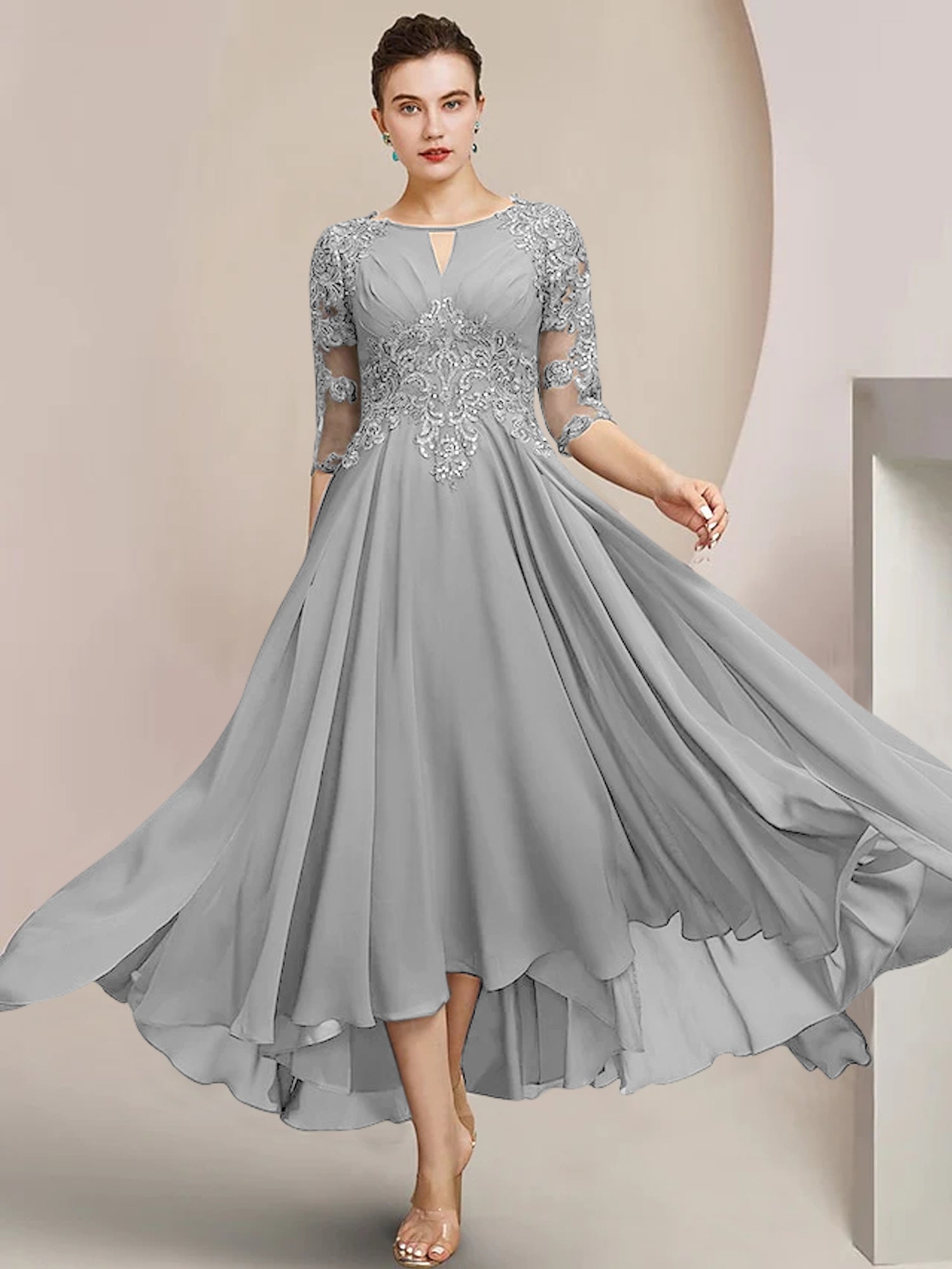 Scoop Neck Tea-Length A-Line Princess Gowns for the Mother of the Bride