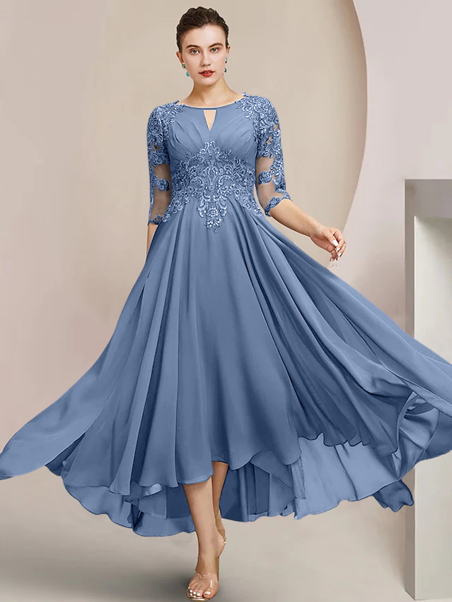 Scoop Neck Tea-Length A-Line Princess Gowns for the Mother of the Bride