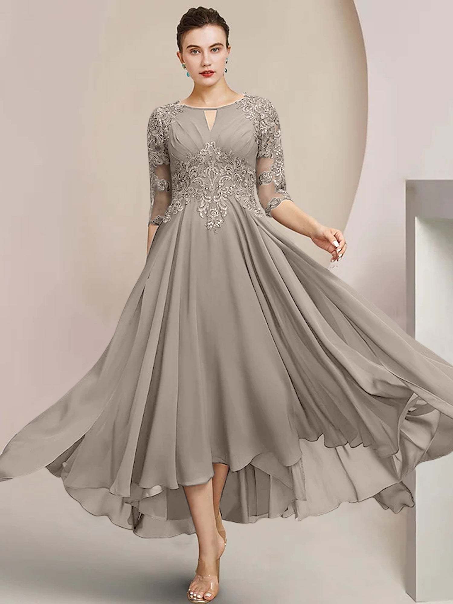 Scoop Neck Tea-Length A-Line Princess Gowns for the Mother of the Bride