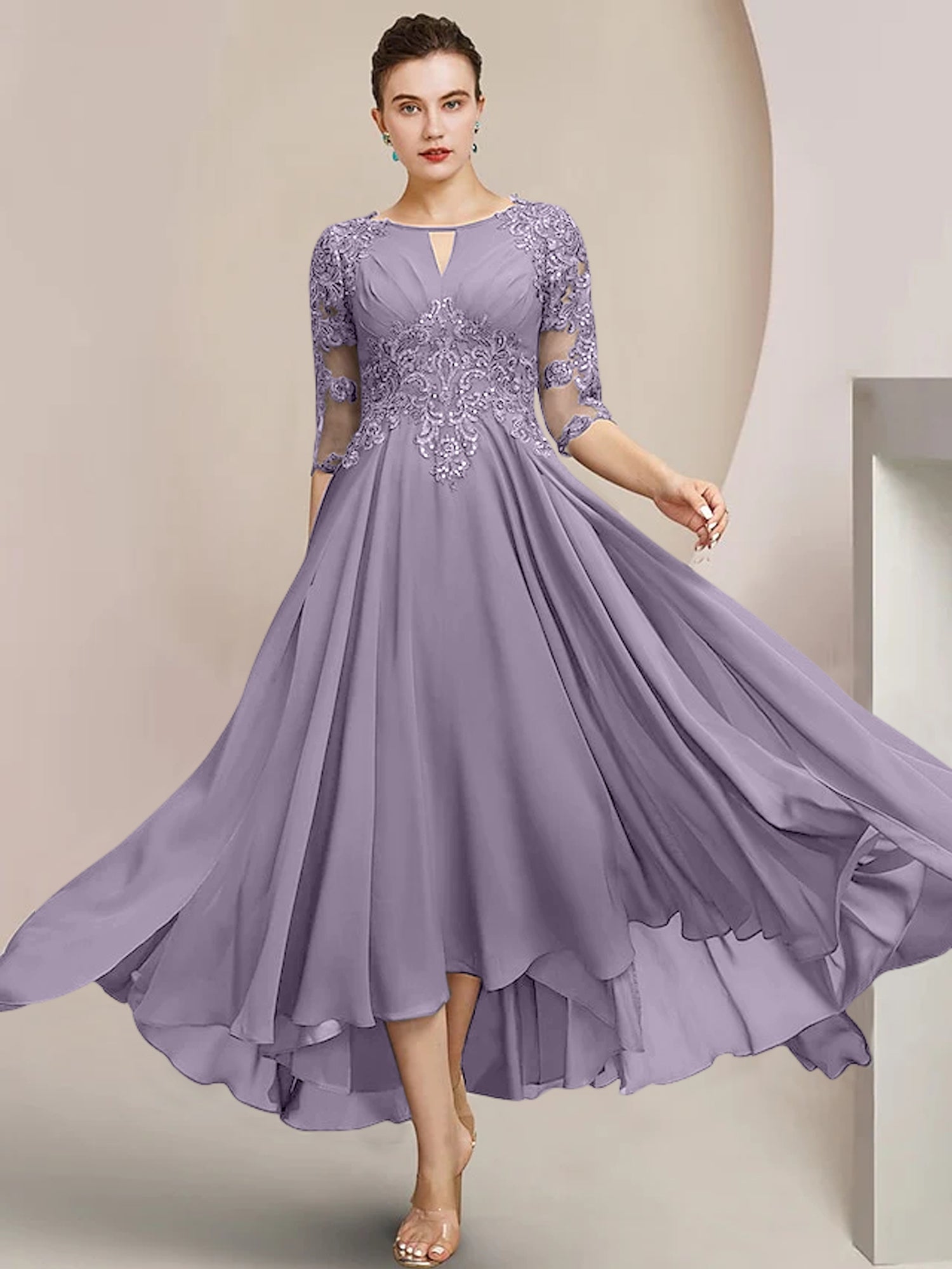 Scoop Neck Tea-Length A-Line Princess Gowns for the Mother of the Bride