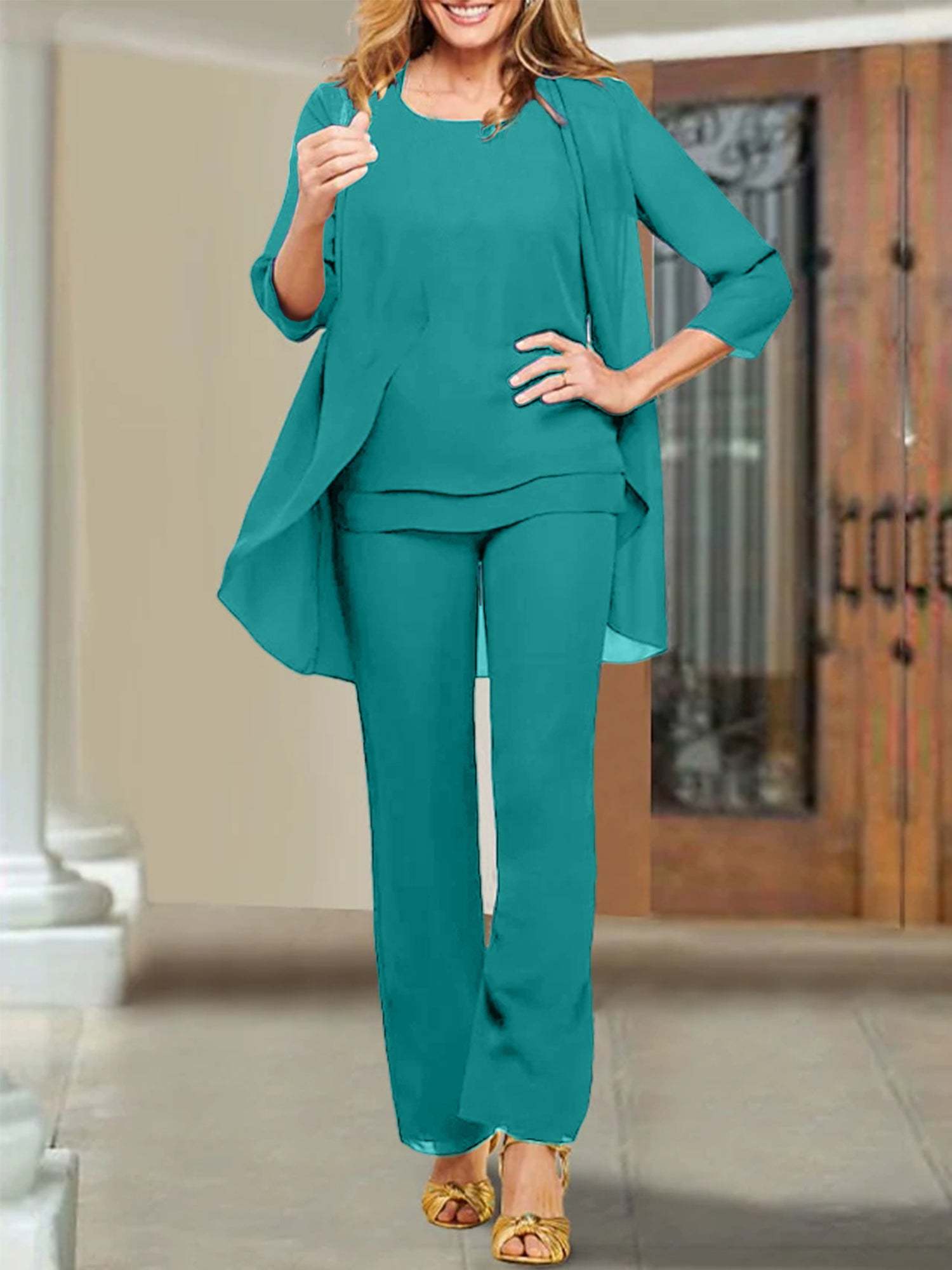 Mother of the Bride Scoop Neck Chiffon Pantsuits