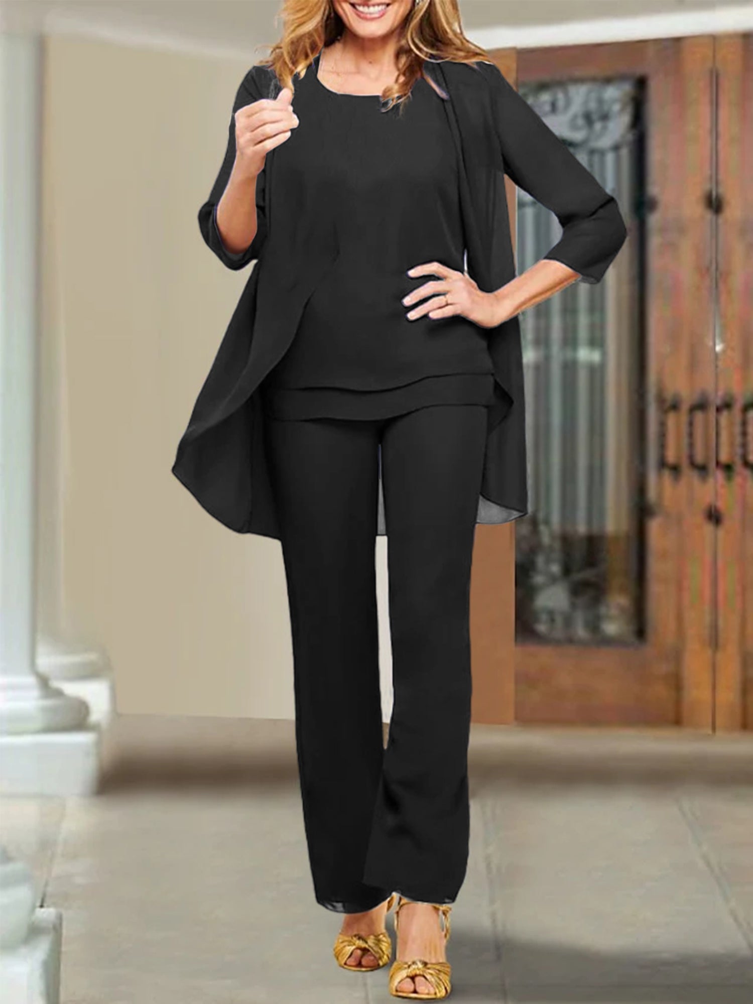 Mother of the Bride Scoop Neck Chiffon Pantsuits