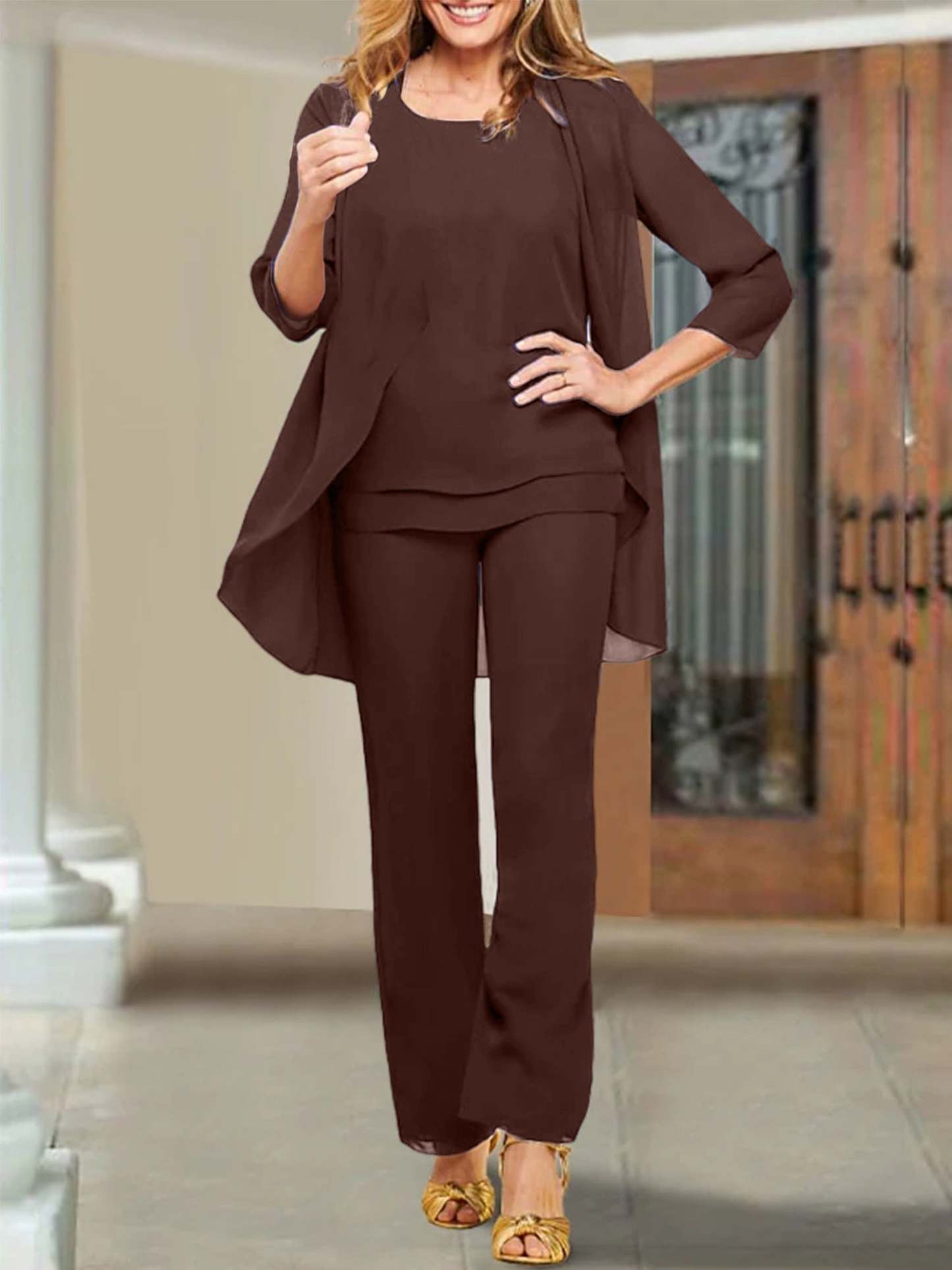 Mother of the Bride Scoop Neck Chiffon Pantsuits