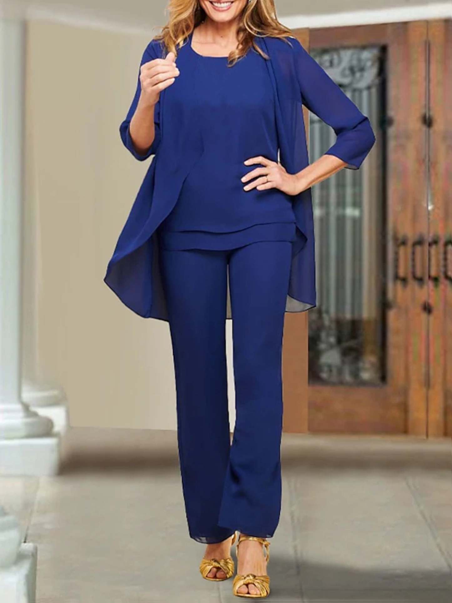 Mother of the Bride Scoop Neck Chiffon Pantsuits