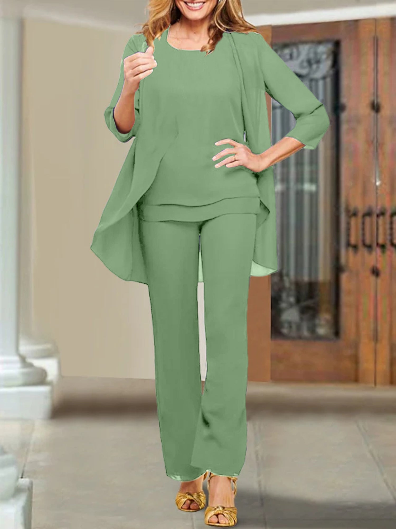 Mother of the Bride Scoop Neck Chiffon Pantsuits