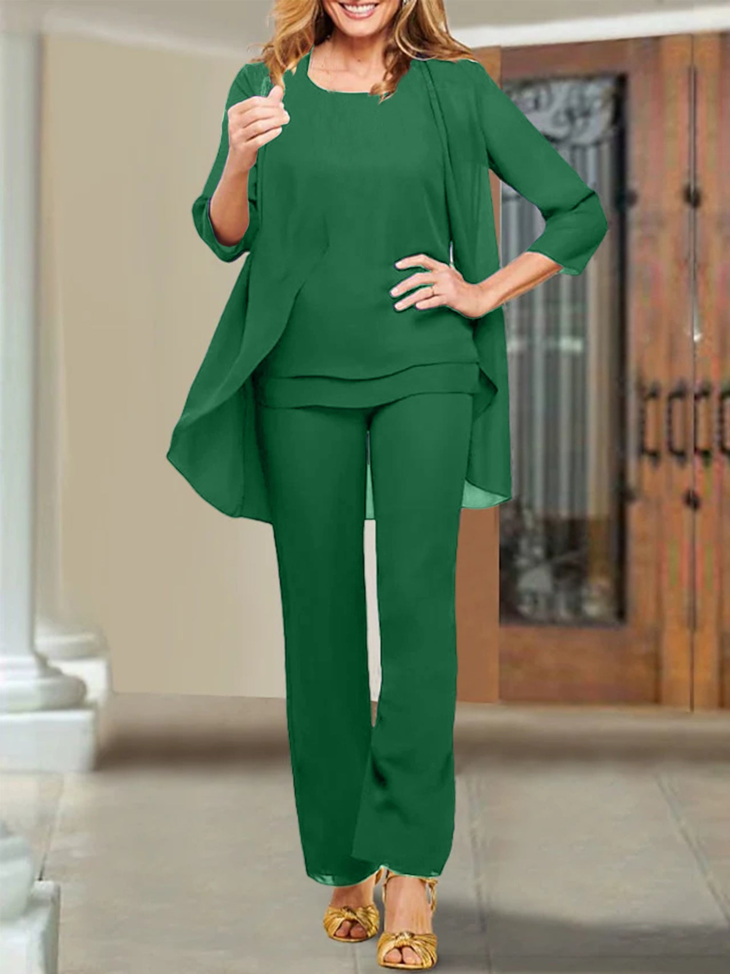 Mother of the Bride Scoop Neck Chiffon Pantsuits