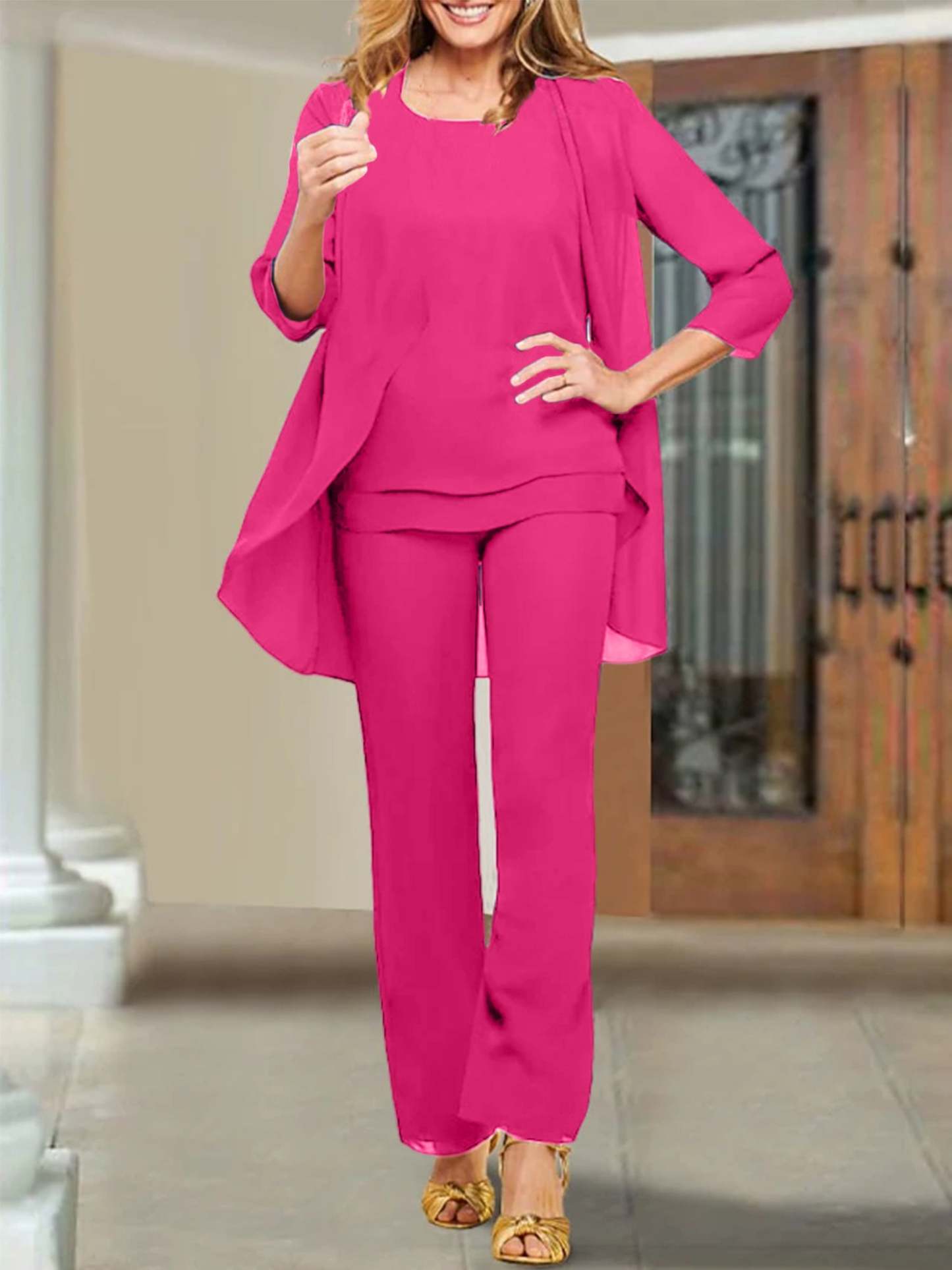 Mother of the Bride Scoop Neck Chiffon Pantsuits