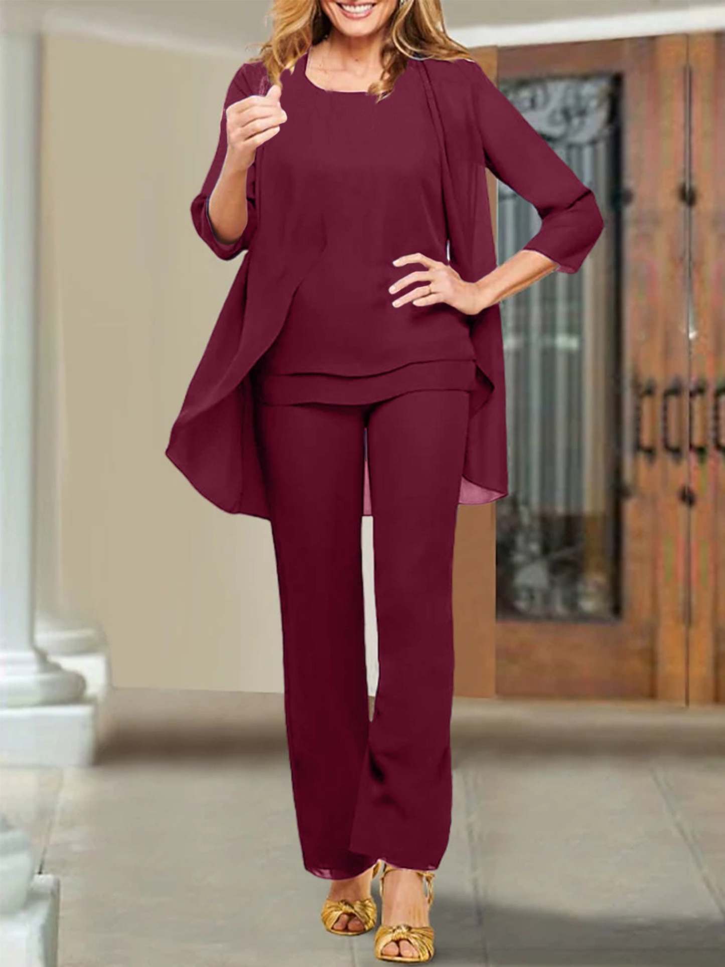 Mother of the Bride Scoop Neck Chiffon Pantsuits