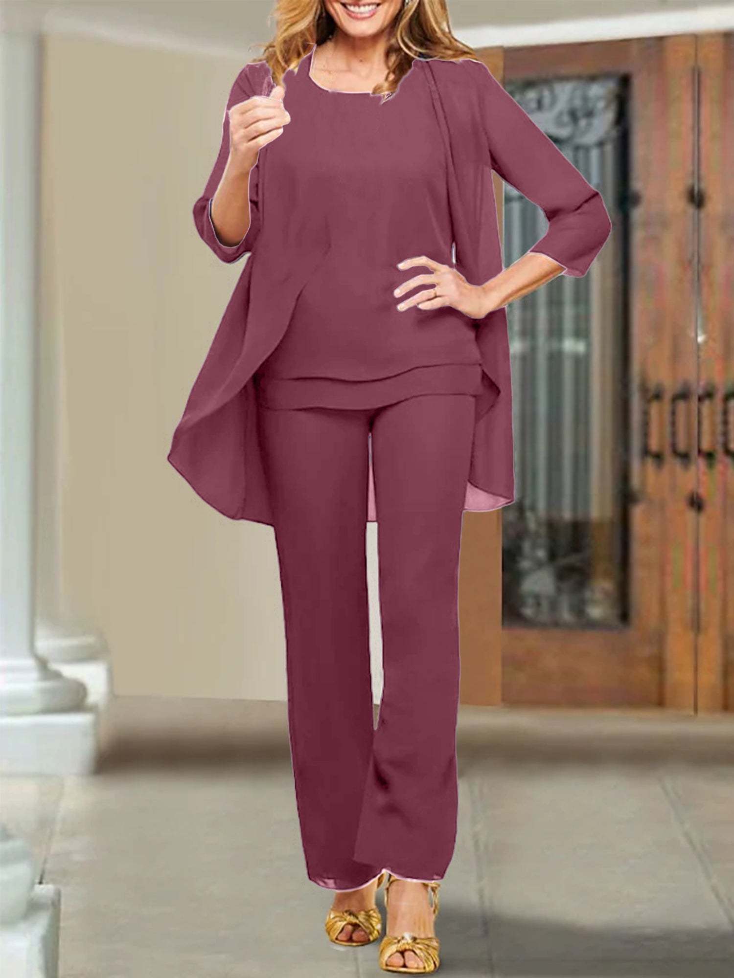 Mother of the Bride Scoop Neck Chiffon Pantsuits