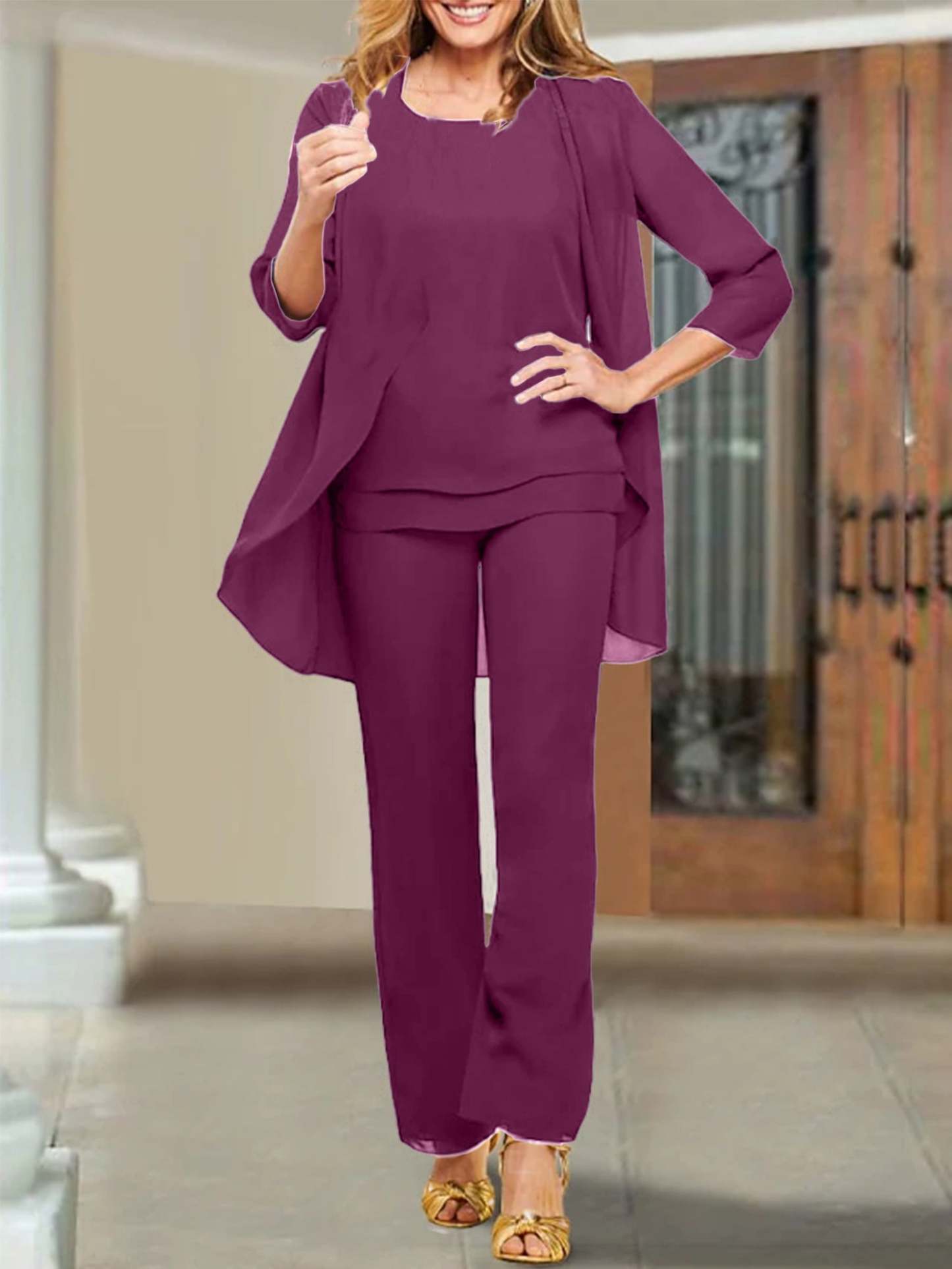 Mother of the Bride Scoop Neck Chiffon Pantsuits