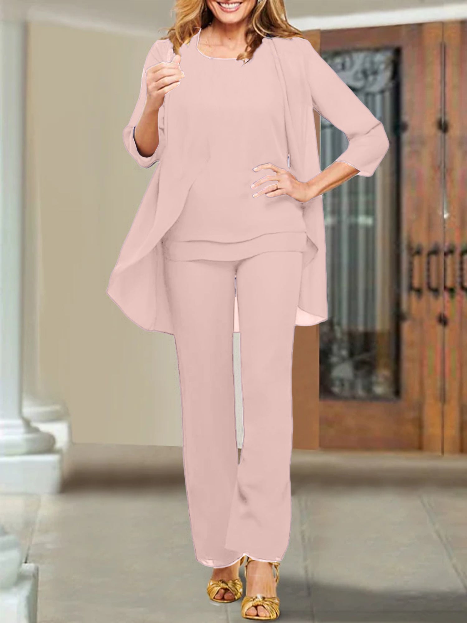 Mother of the Bride Scoop Neck Chiffon Pantsuits
