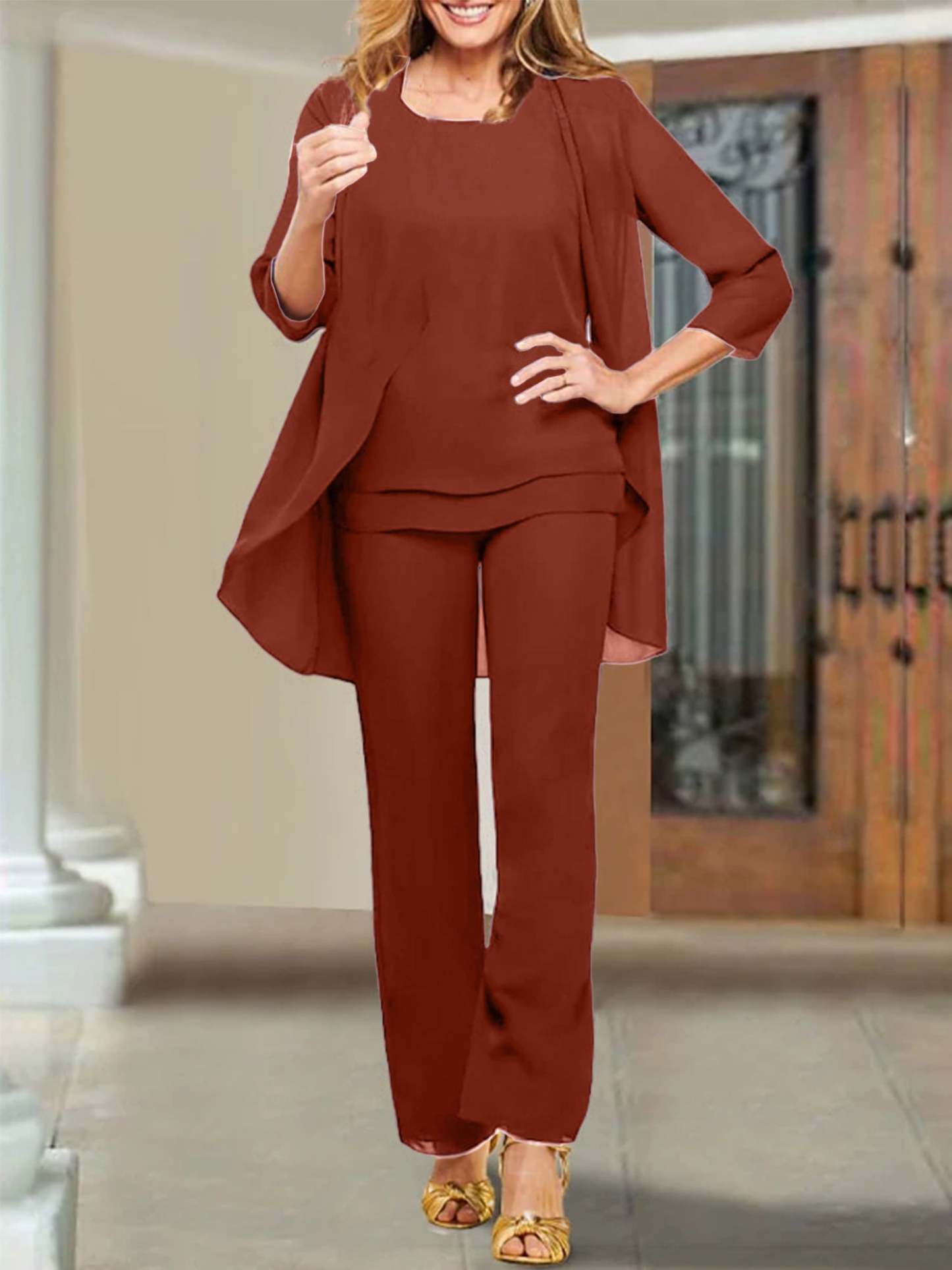 Mother of the Bride Scoop Neck Chiffon Pantsuits