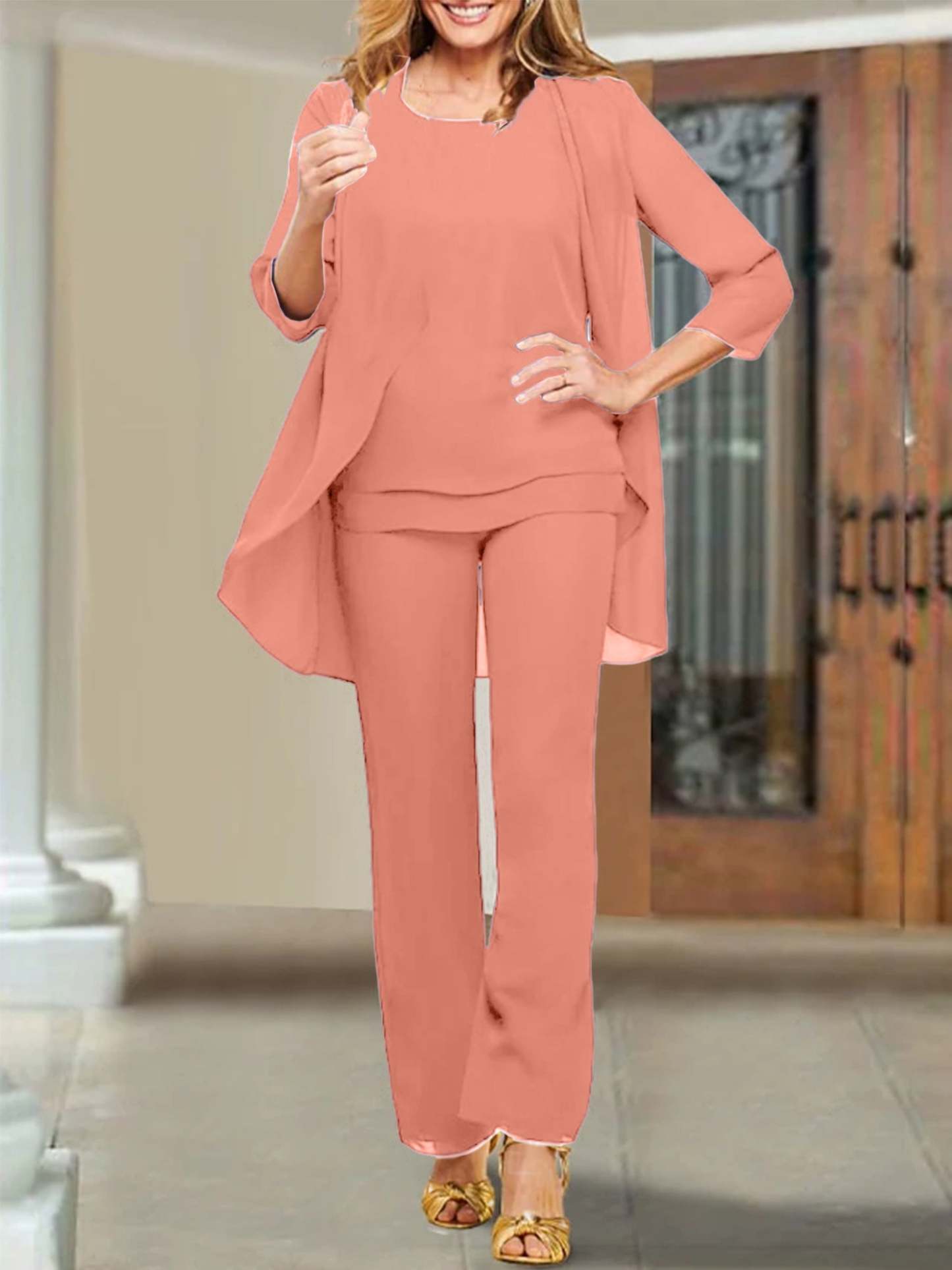 Mother of the Bride Scoop Neck Chiffon Pantsuits