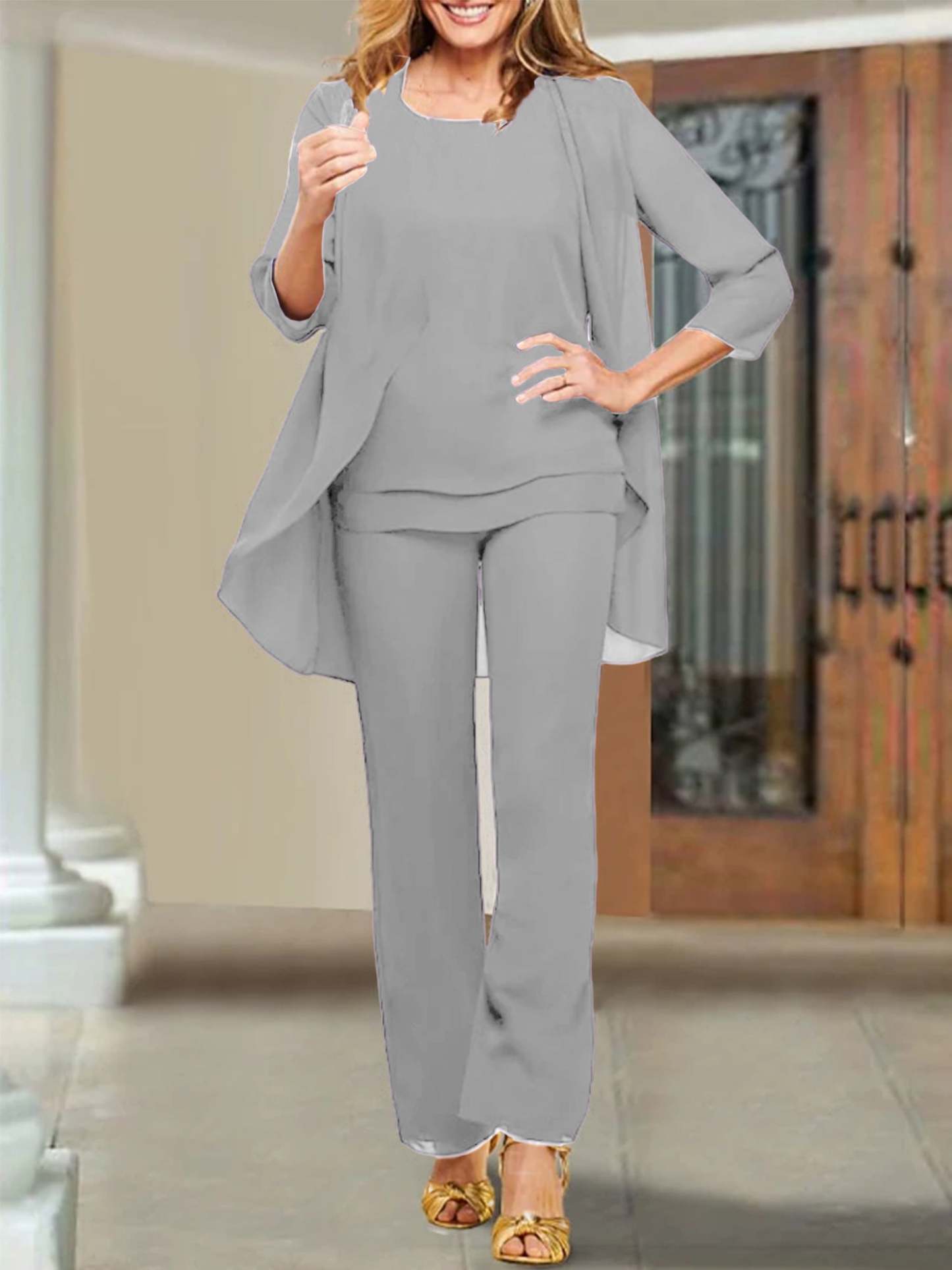 Mother of the Bride Scoop Neck Chiffon Pantsuits