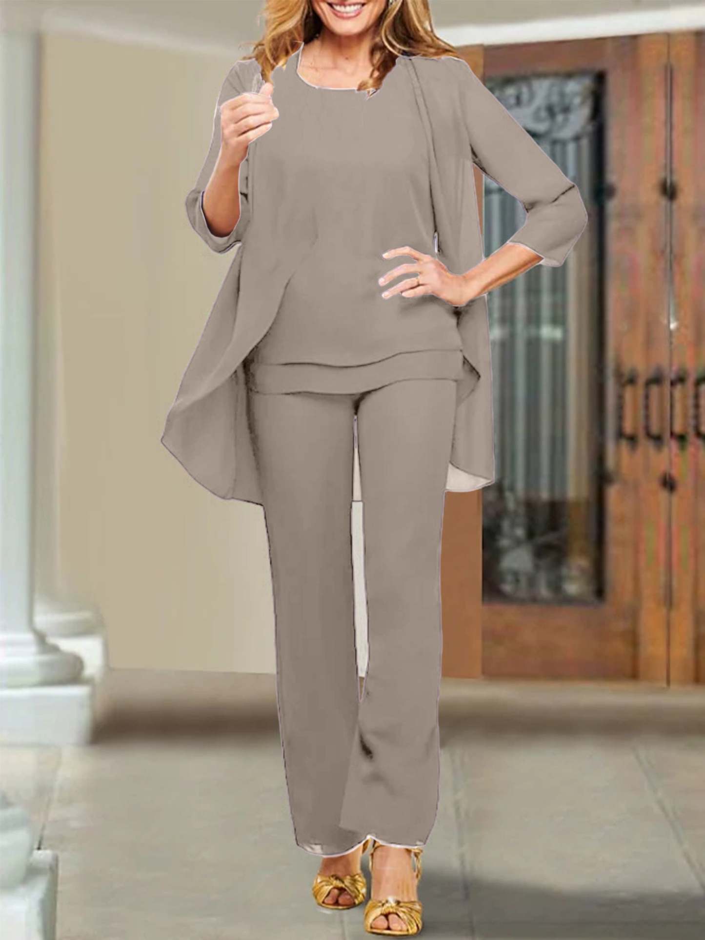 Mother of the Bride Scoop Neck Chiffon Pantsuits