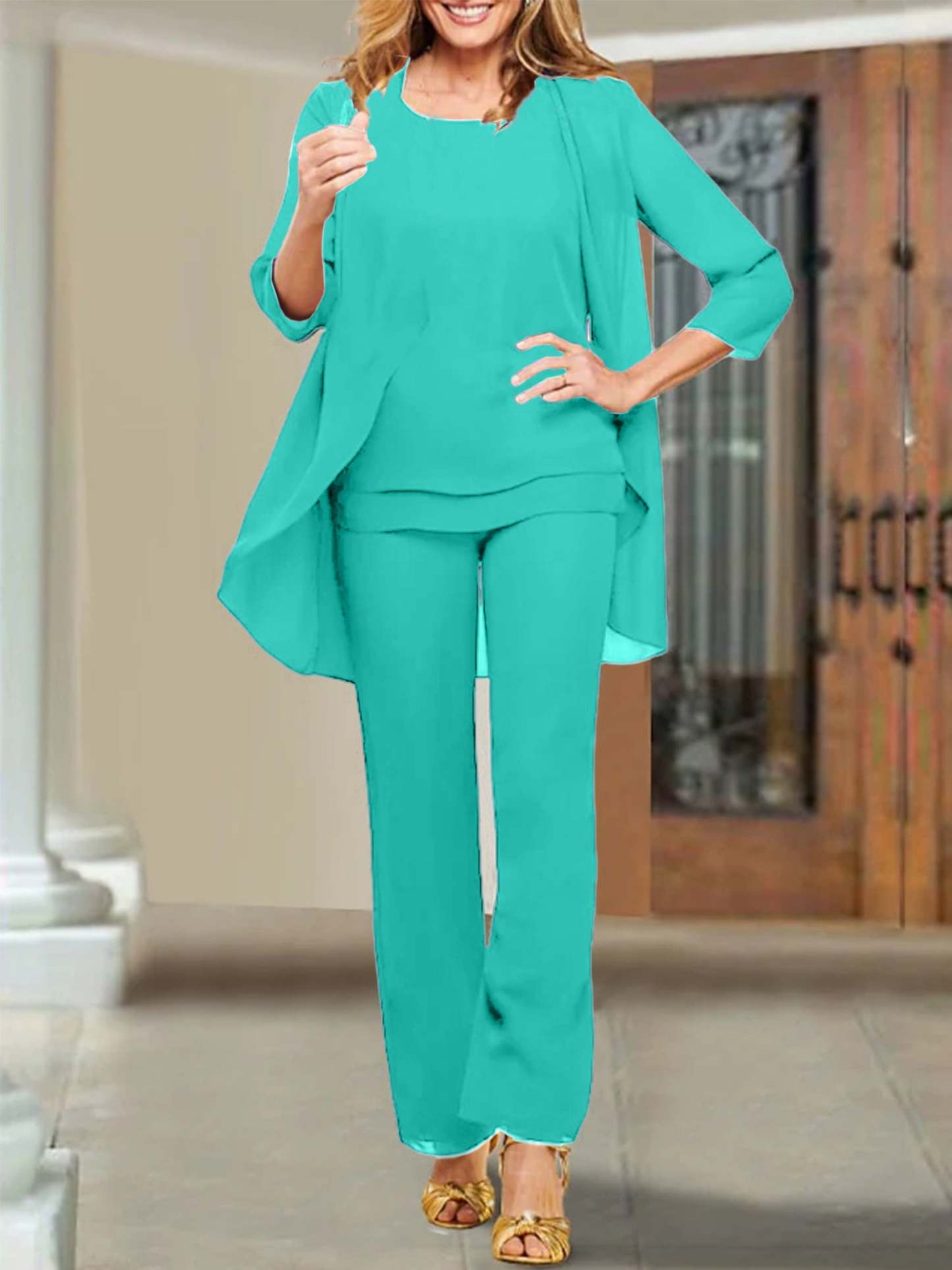 Mother of the Bride Scoop Neck Chiffon Pantsuits