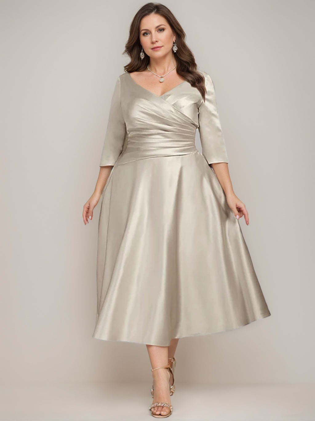 V-Neck A-Line Princess Tea-Length Dresses for the Mother of the Bride