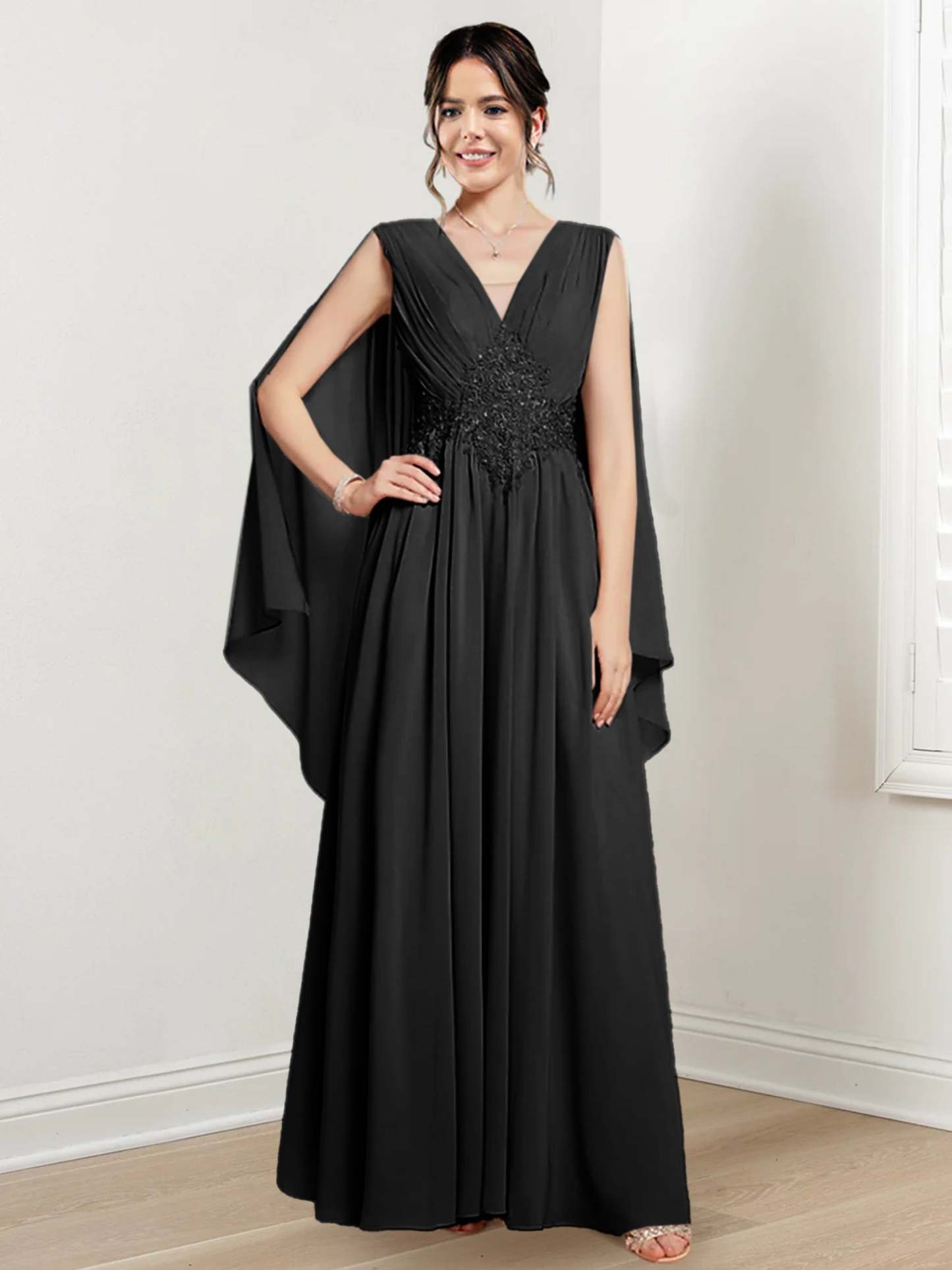 V-Neck A-Line Princess Floor-Length Dresses for the Mother of the Bride