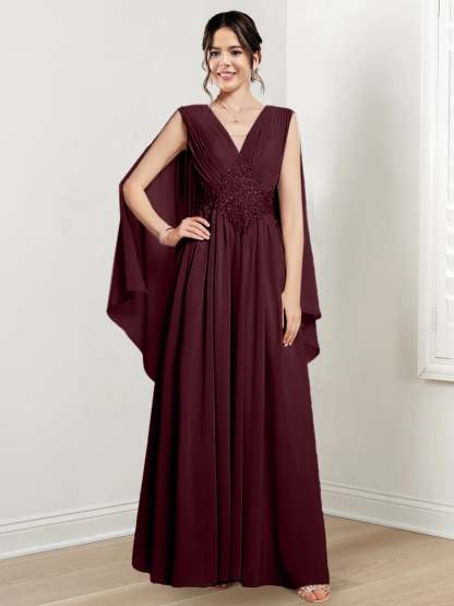 V-Neck A-Line Princess Floor-Length Dresses for the Mother of the Bride